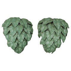 Pair of Italian Whimsical Leaf Motif Green Tole Wall Sconces