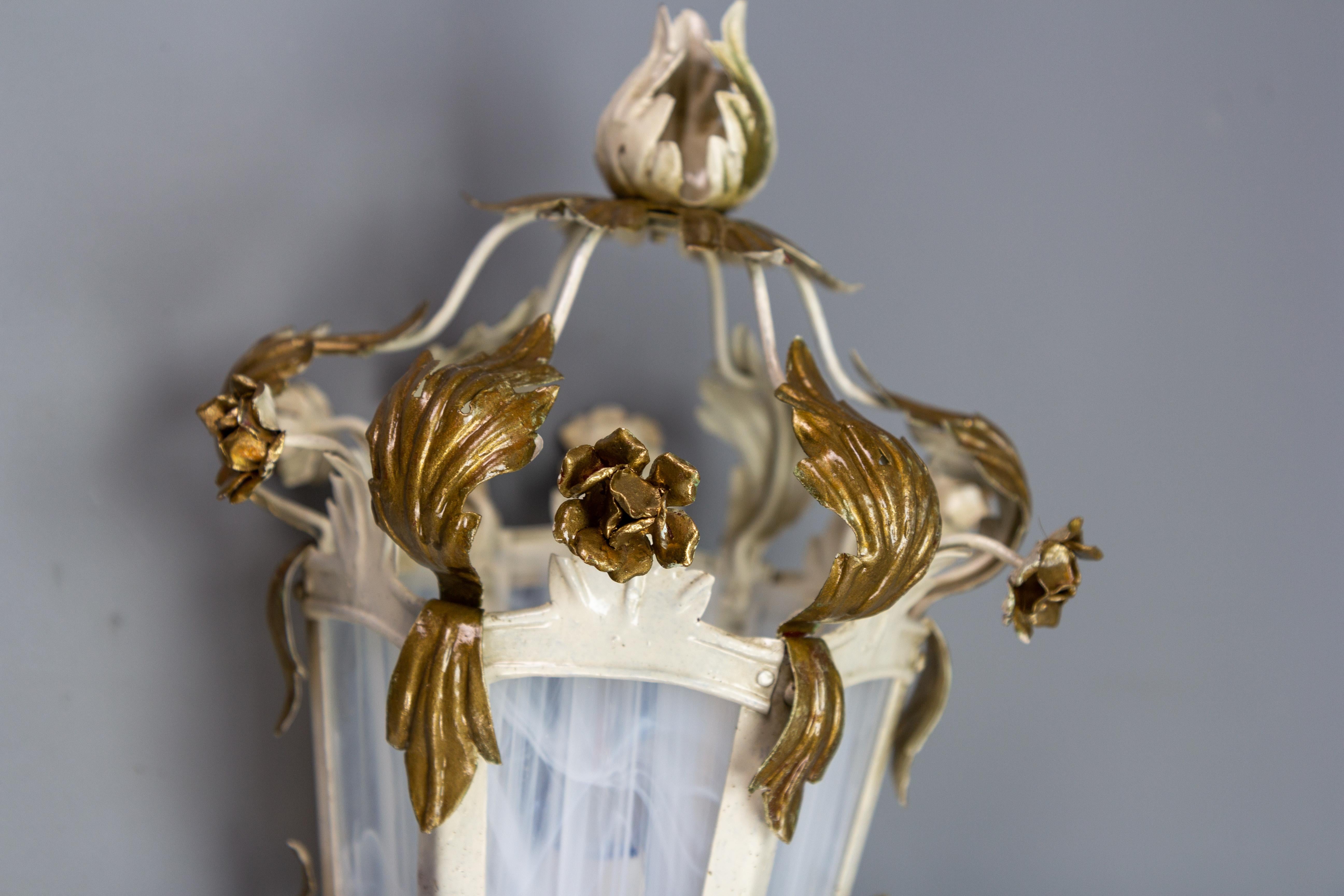 Pair of Italian White and Golden Color Metal and Glass Wall Lanterns, ca. 1970s For Sale 5