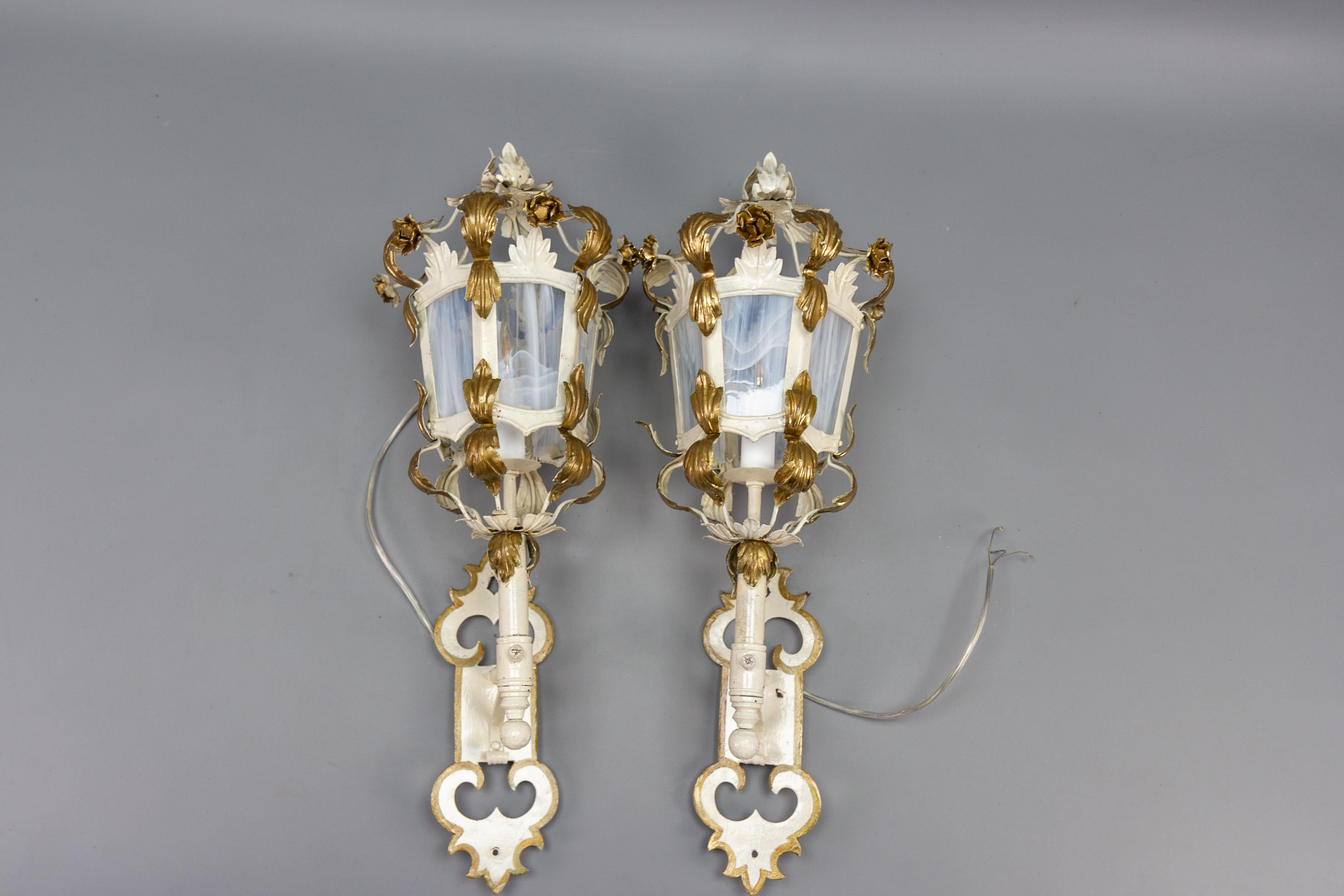 Pair of Italian White and Golden Color Metal and Glass Wall Lanterns, ca. 1970s For Sale 6