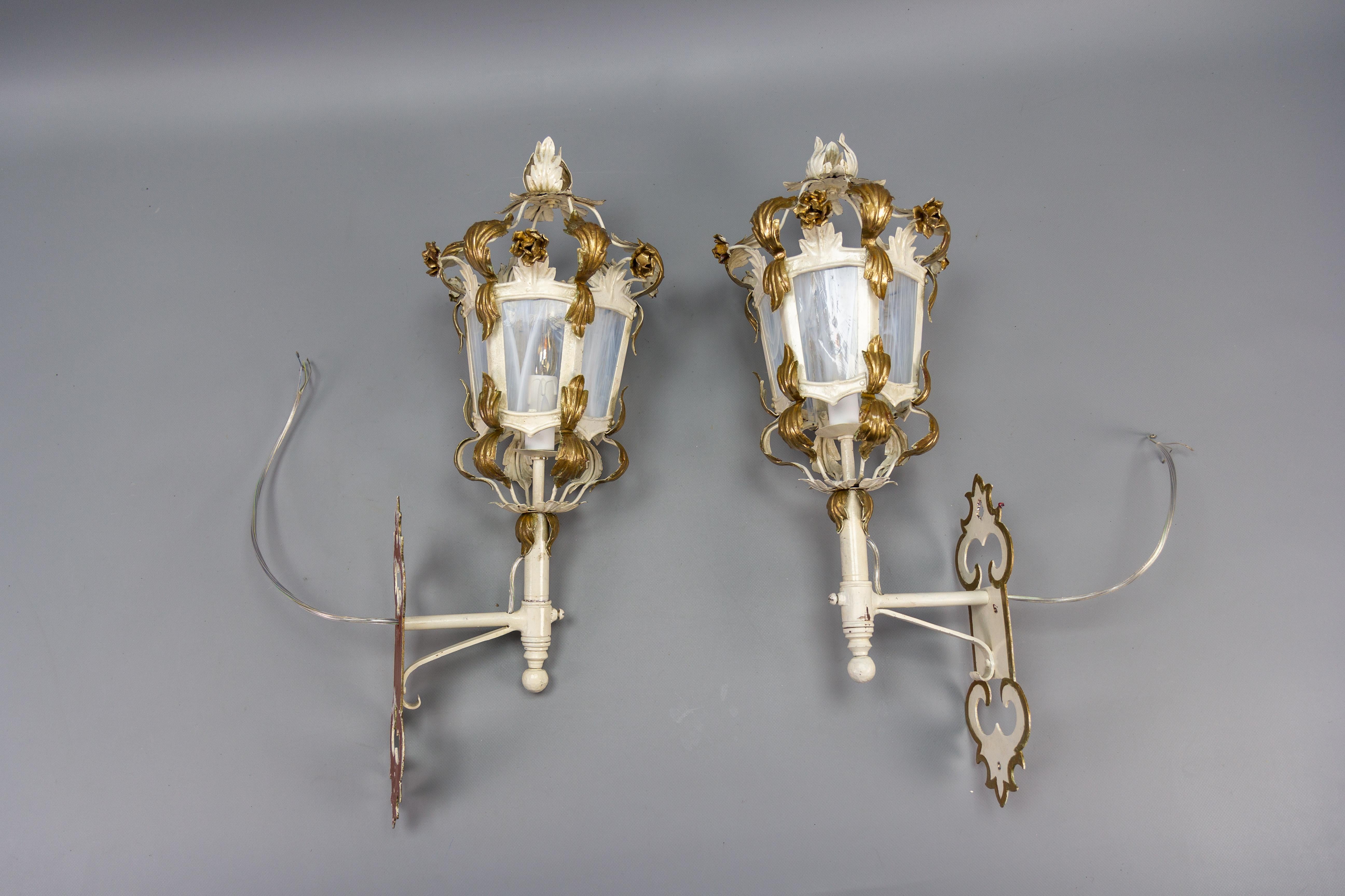 Pair of Italian White and Golden Color Metal and Glass Wall Lanterns, ca. 1970s For Sale 8