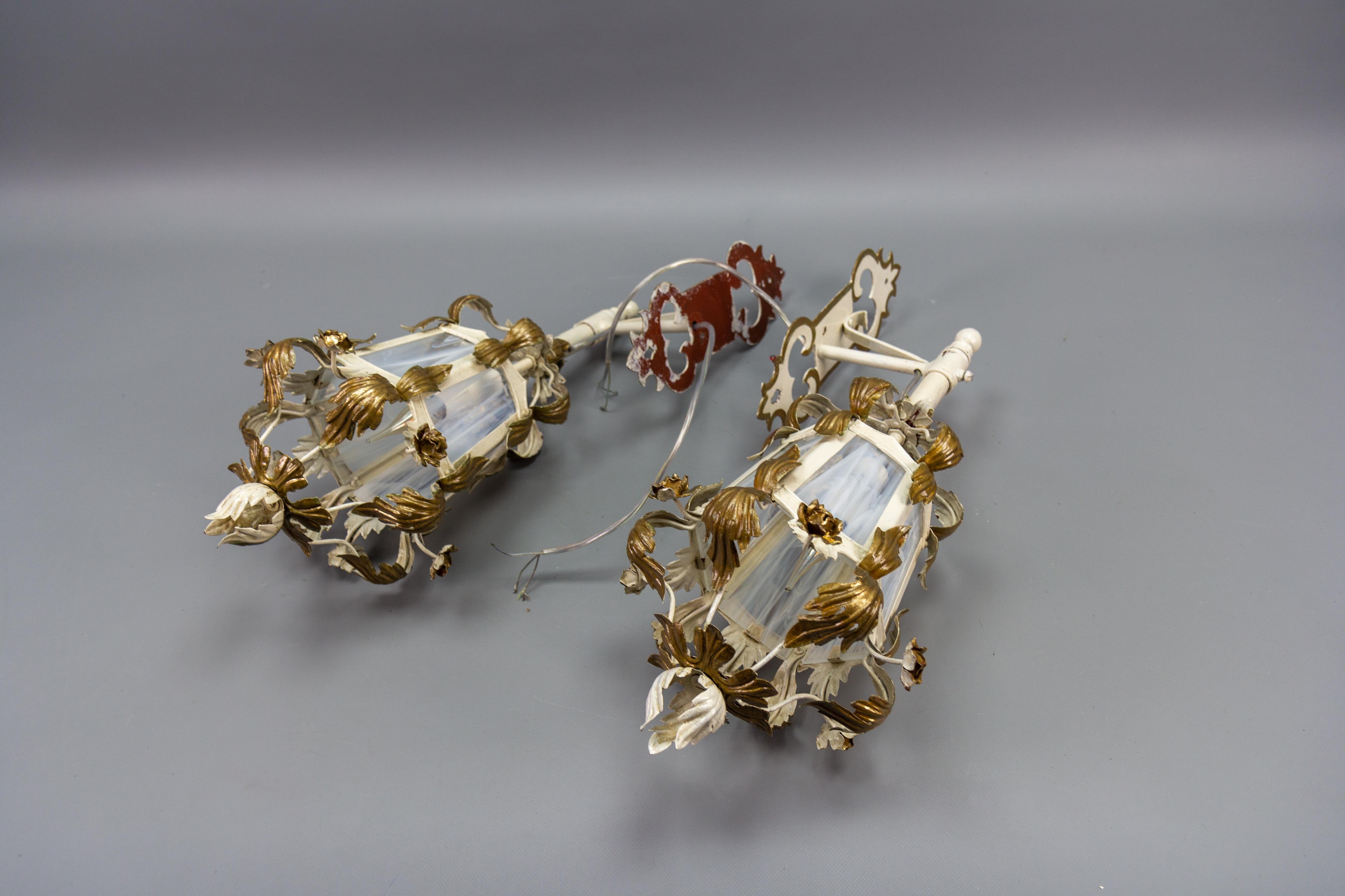 Pair of Italian White and Golden Color Metal and Glass Wall Lanterns, ca. 1970s For Sale 9