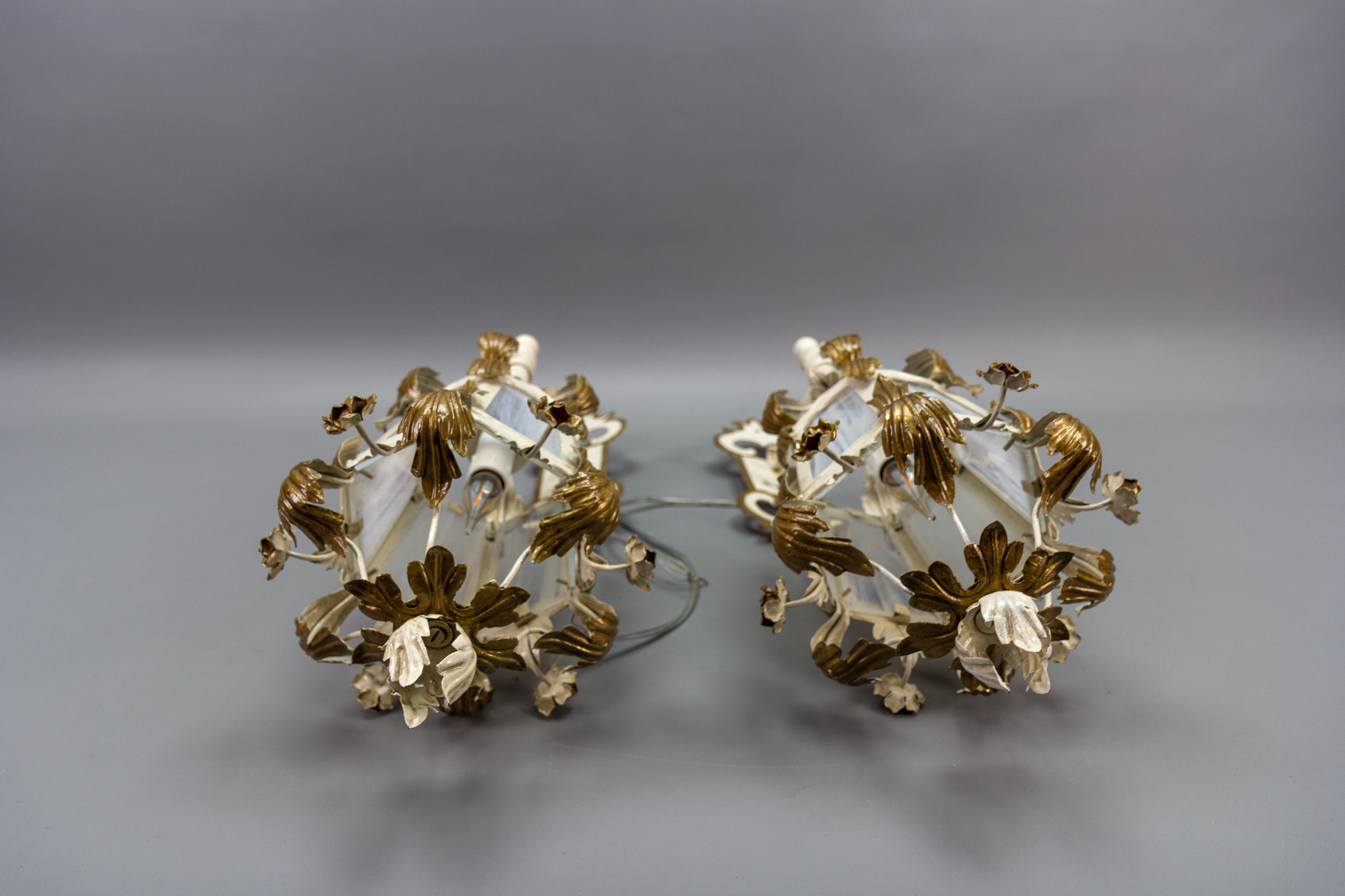 Pair of Italian White and Golden Color Metal and Glass Wall Lanterns, ca. 1970s For Sale 10