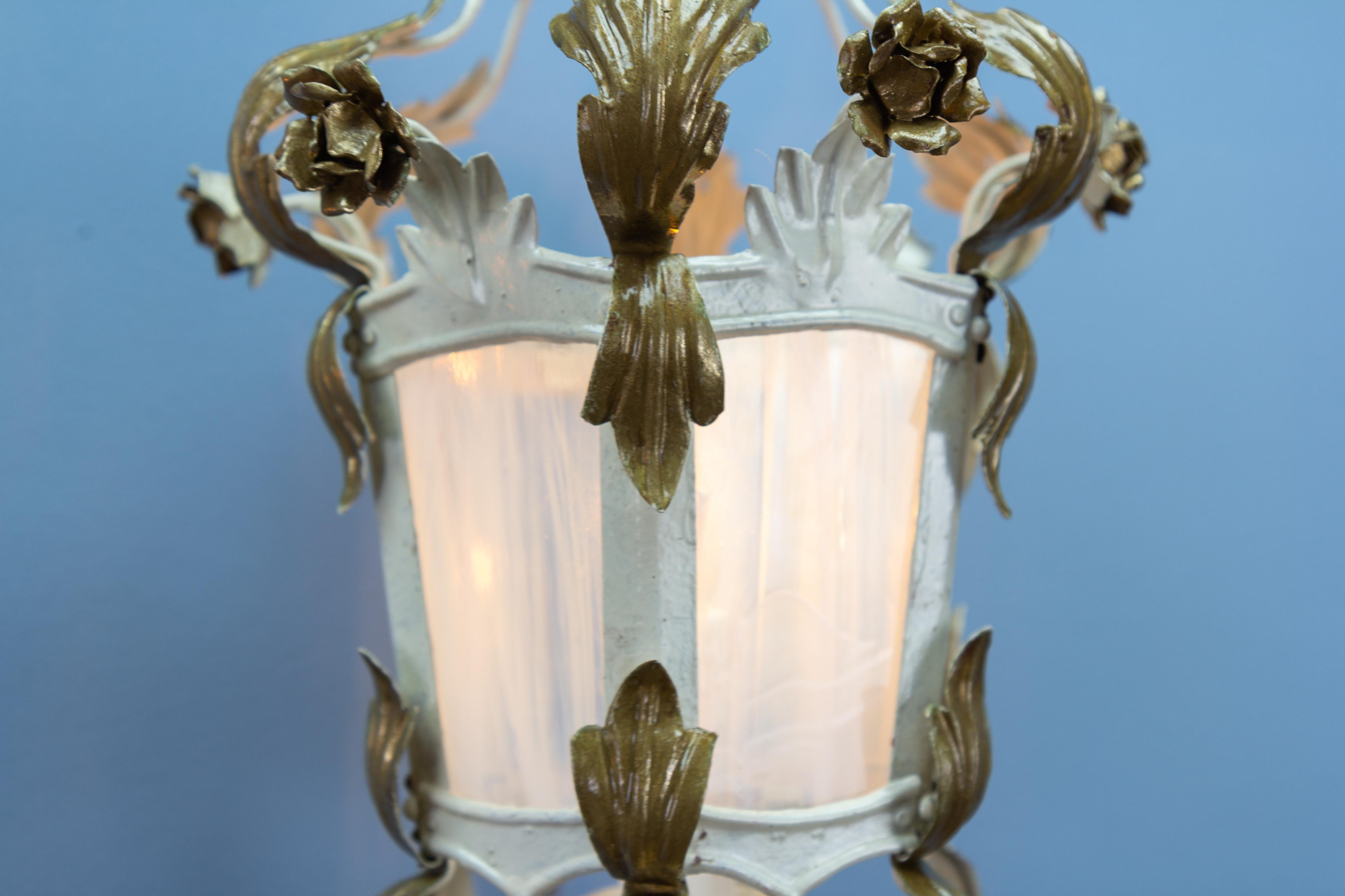 Late 20th Century Pair of Italian White and Golden Color Metal and Glass Wall Lanterns, ca. 1970s For Sale