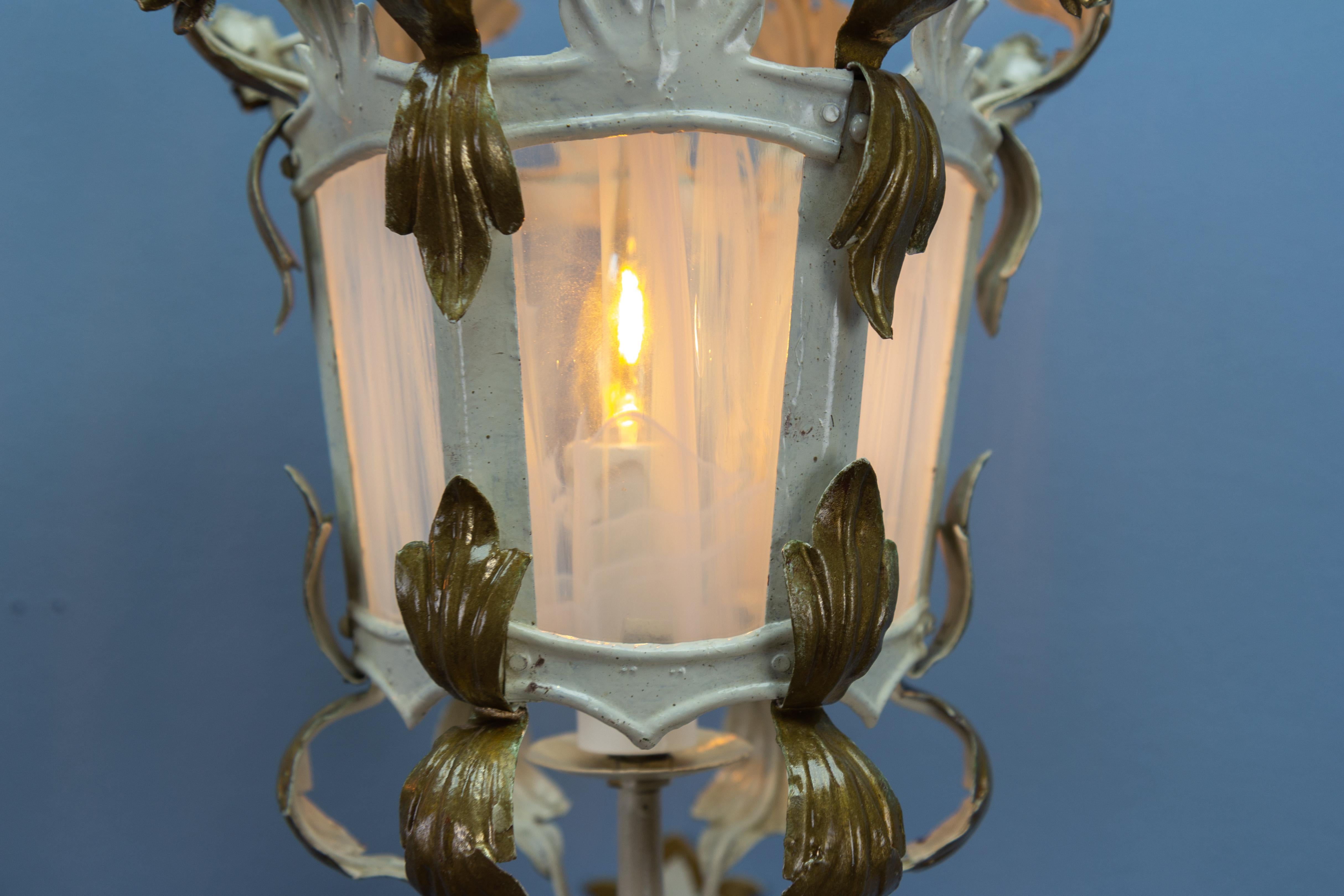 Pair of Italian White and Golden Color Metal and Glass Wall Lanterns, ca. 1970s For Sale 1