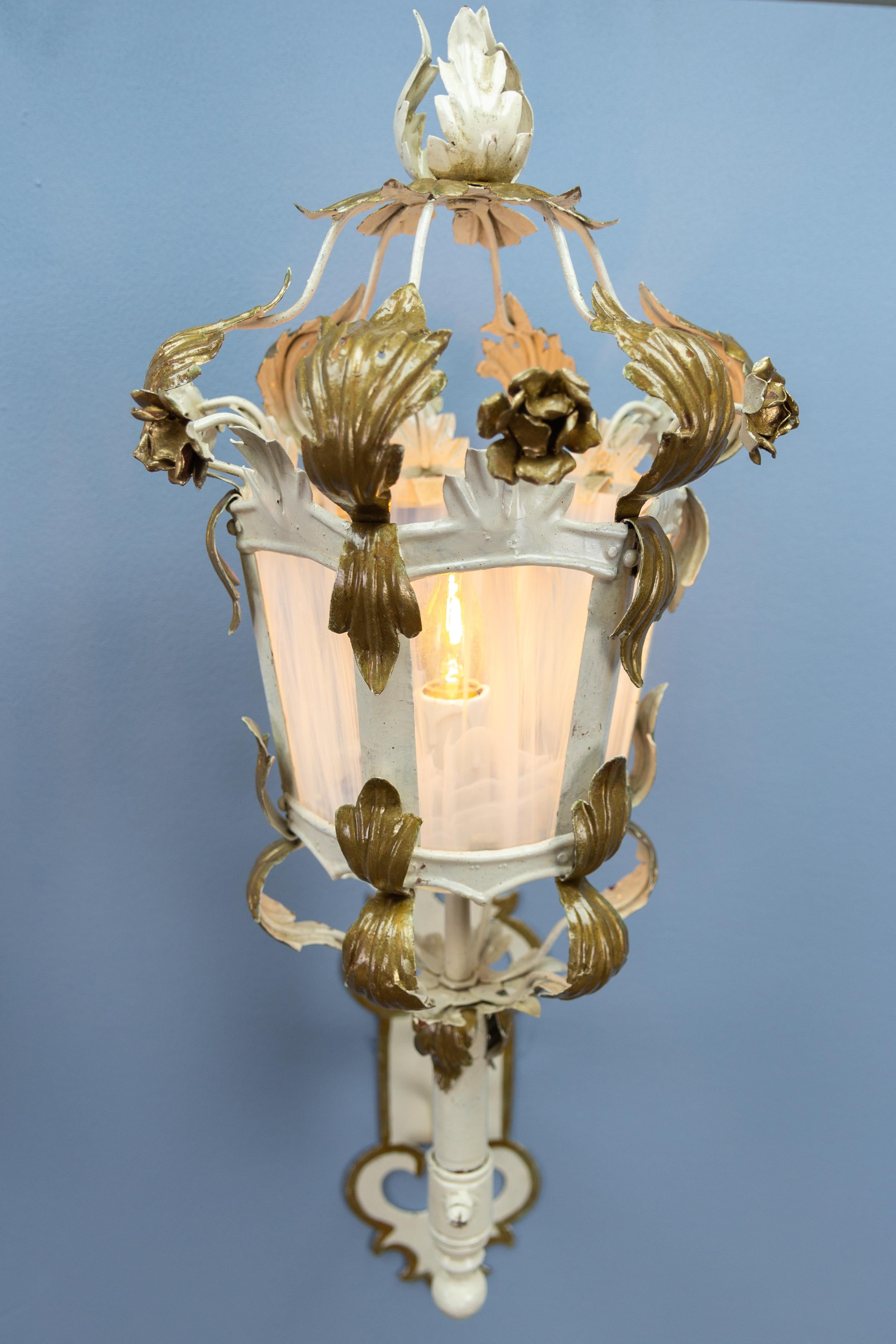 Pair of Italian White and Golden Color Metal and Glass Wall Lanterns, ca. 1970s For Sale 2