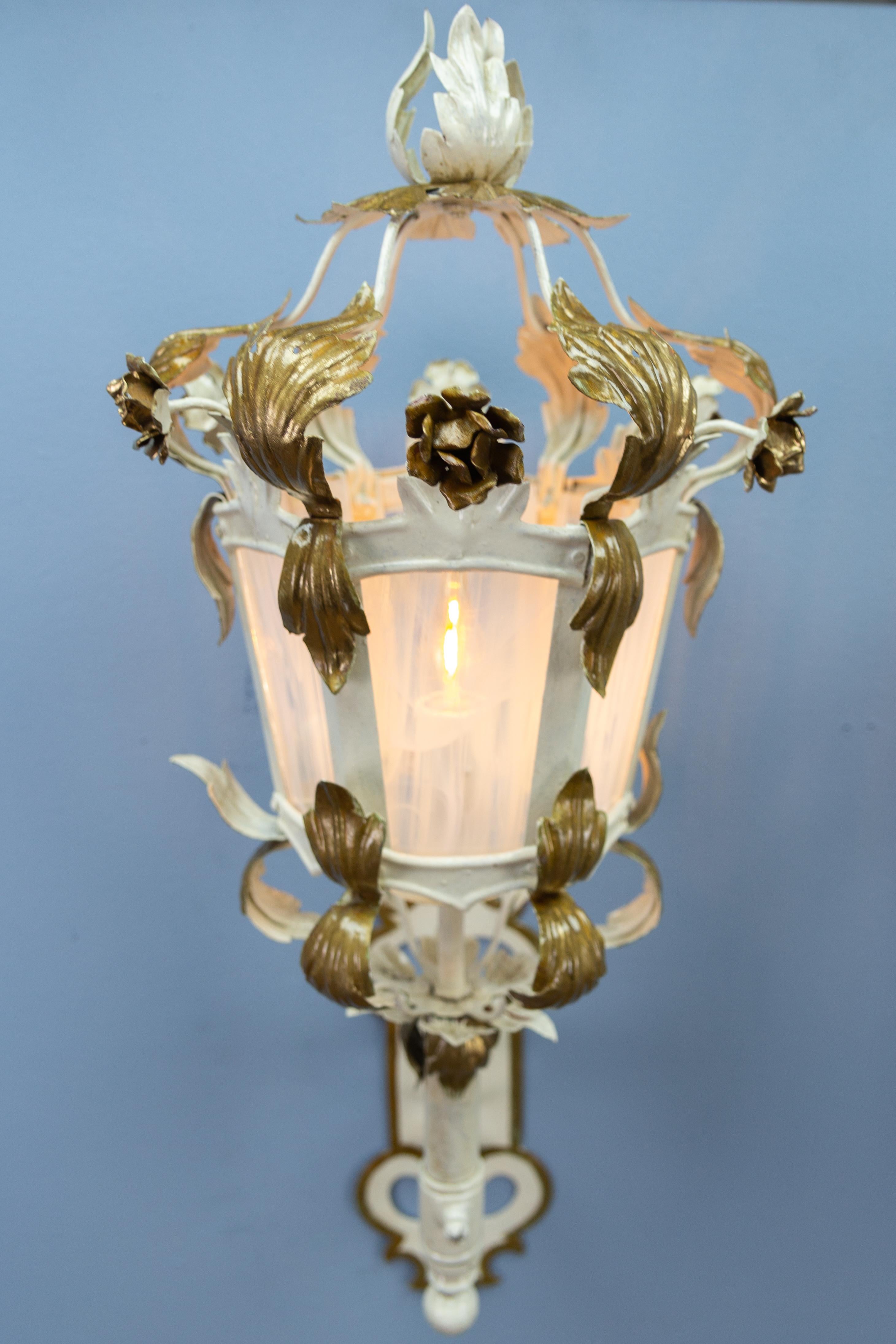 Pair of Italian White and Golden Color Metal and Glass Wall Lanterns, ca. 1970s For Sale 3