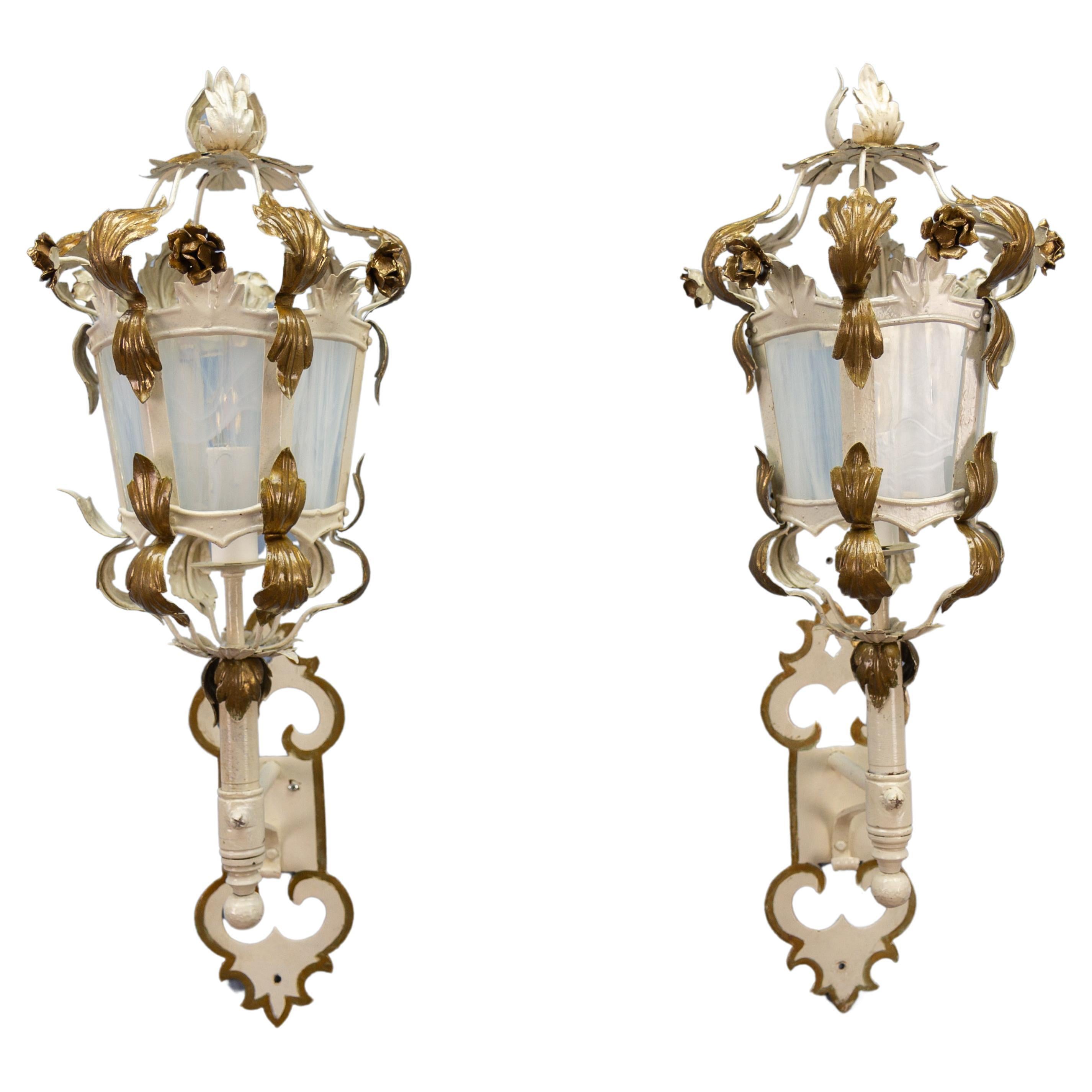 Pair of Italian White and Golden Color Metal and Glass Wall Lanterns, ca. 1970s For Sale