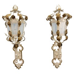 Retro Pair of Italian White and Golden Color Metal and Glass Wall Lanterns, ca. 1970s