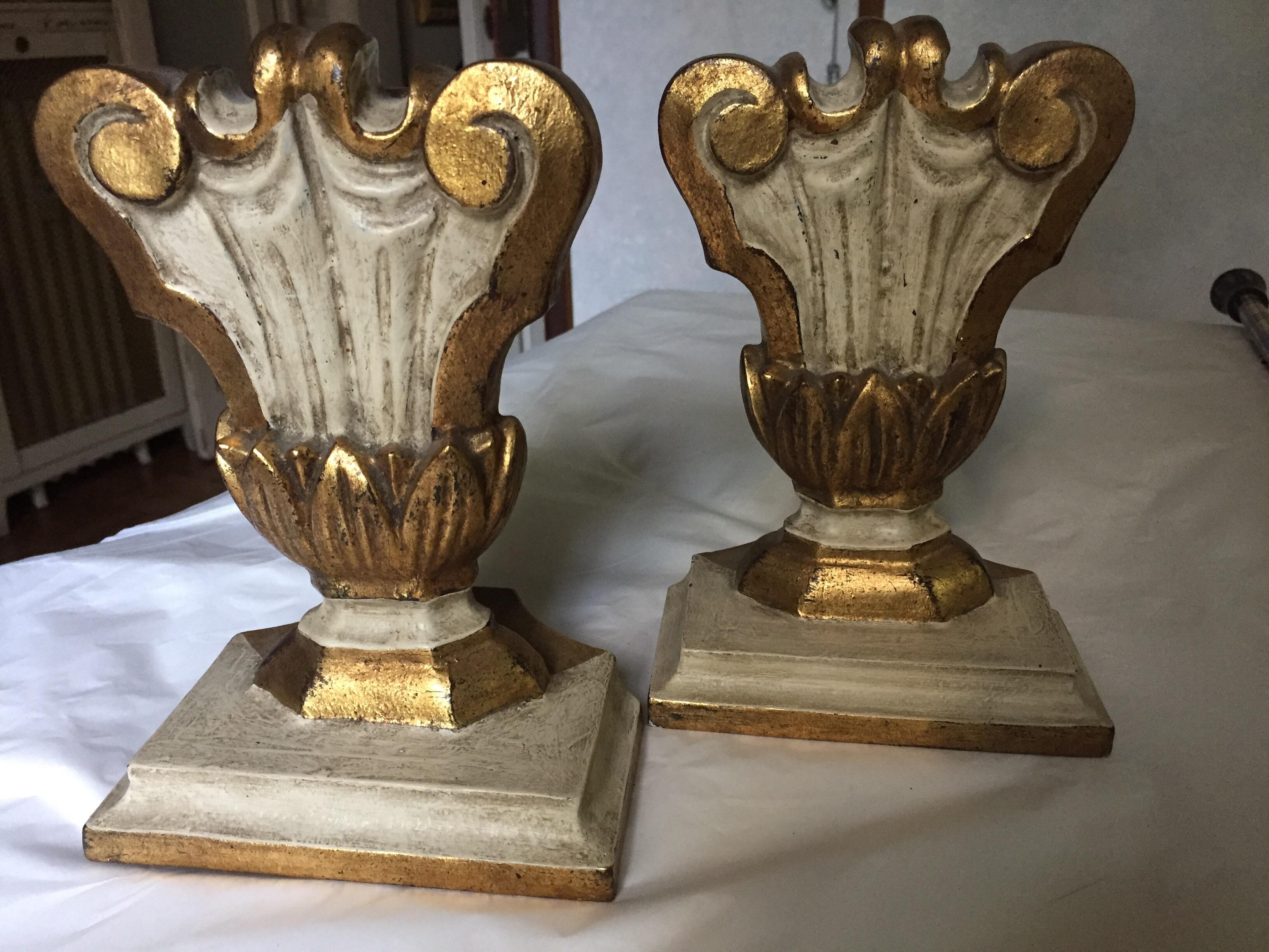 From Verona Italy, a pair of late 20th century hand carved mecca finish and ivory painted bases, suitable to make beautiful bedside table lamps, see the holes suitable for wiring in the back.
These Italian bases are crafted just in the front side,
