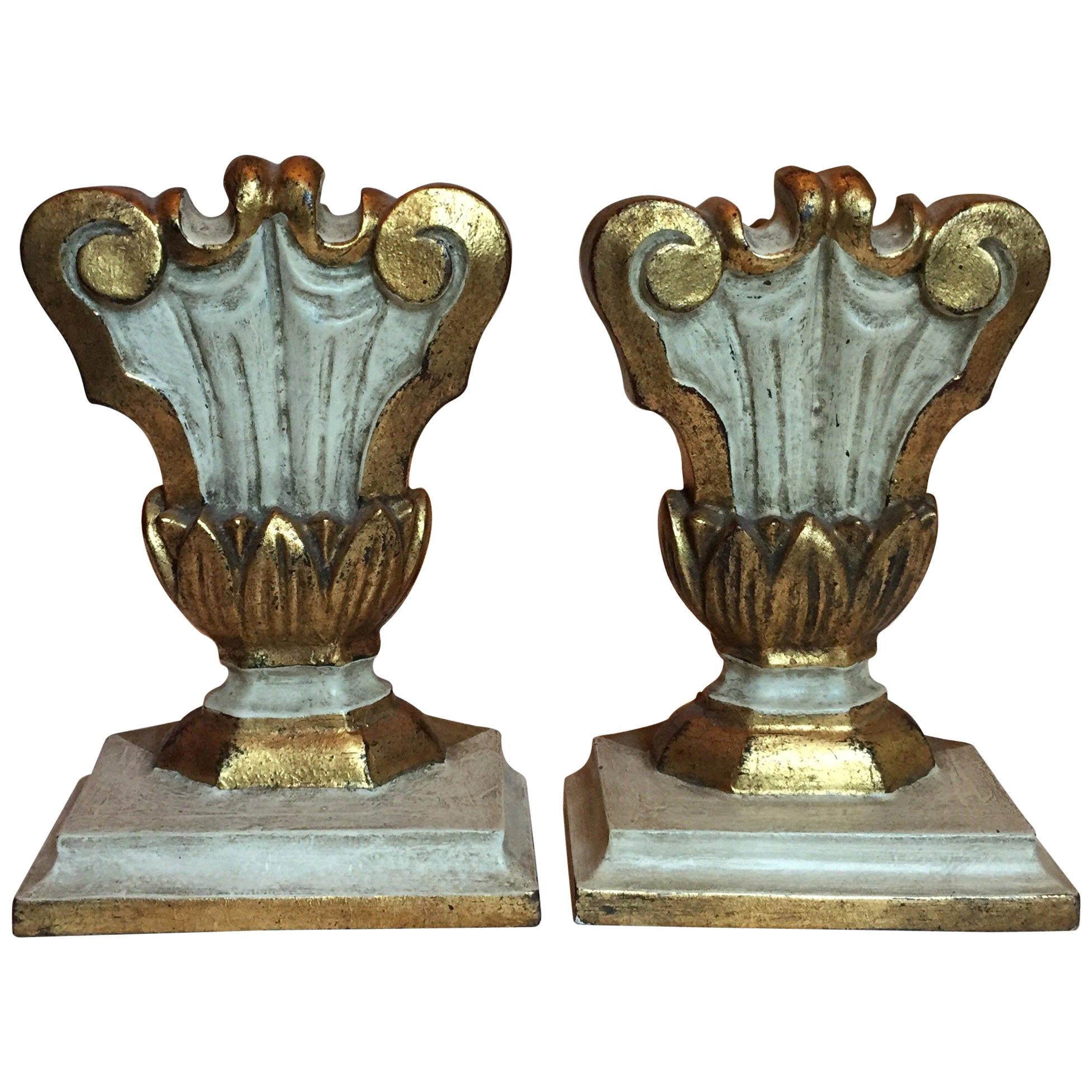 Pair of Italian White and Mecca Giltwood Hand Carved Lamp Bases Verona, 1980 For Sale