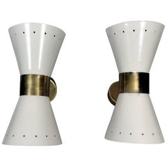 Stilnovo Style Model Diabolo Pair Italian White Brass Sconces 1960
