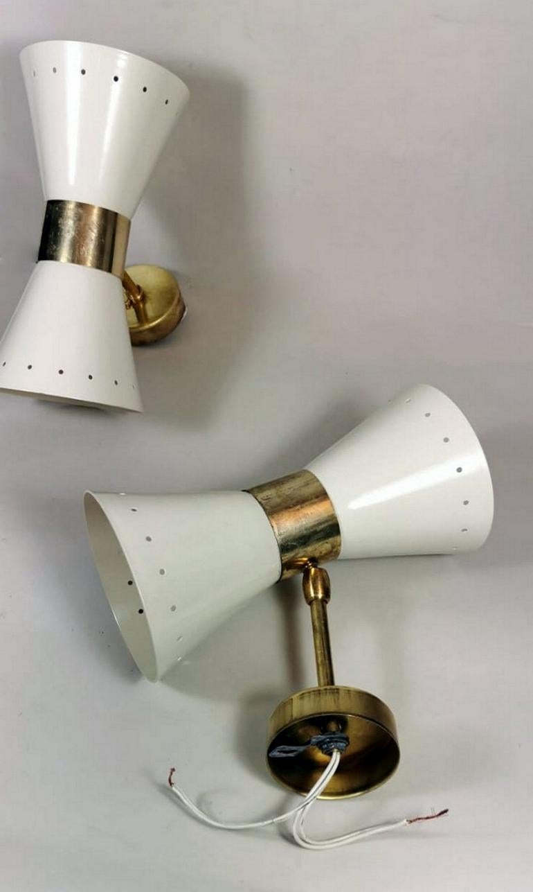 Mid-Century Modern Stilnovo Style Model Diabolo Pair Italian White Brass Sconces 1960