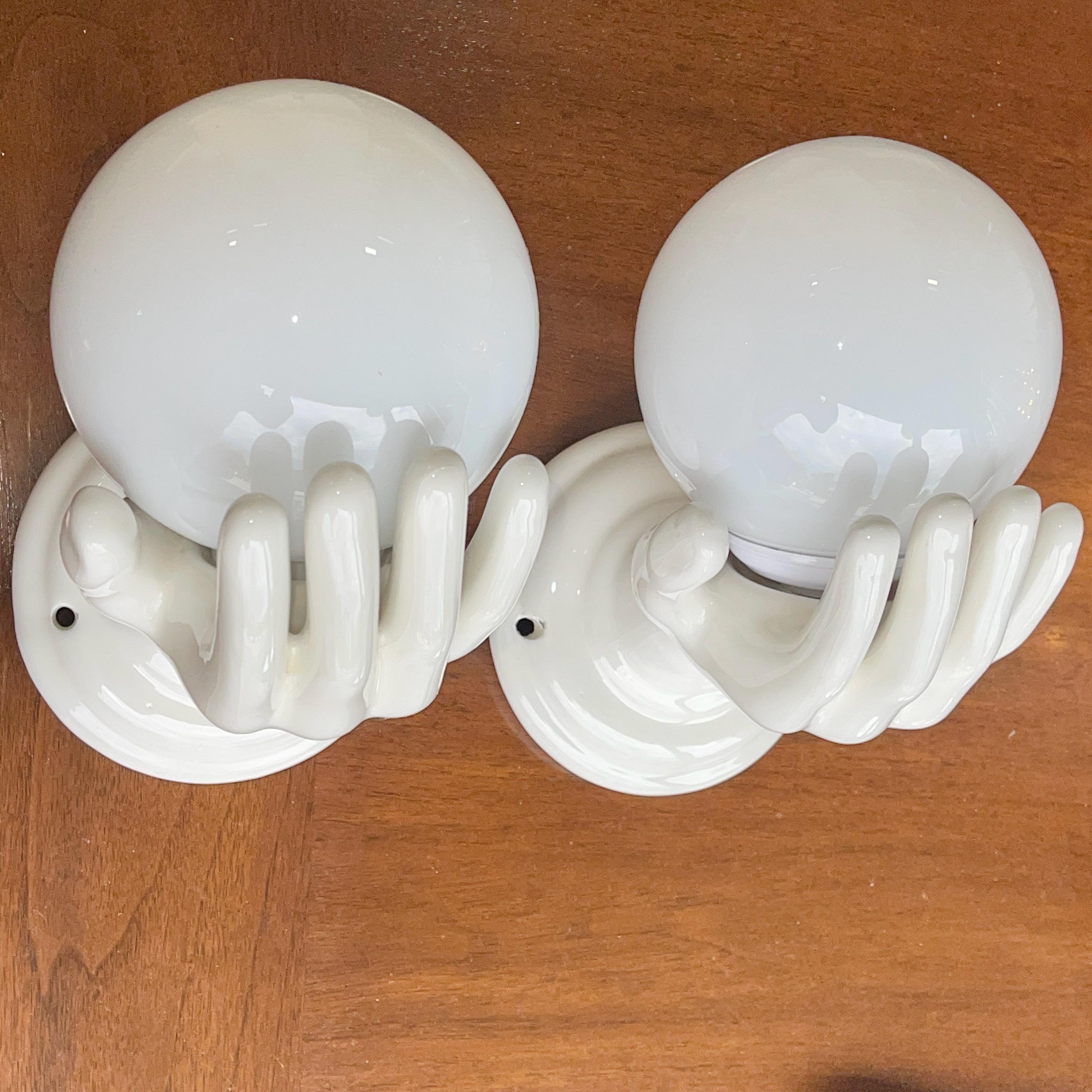 Mid-Century Modern Pair of Italian White Ceramic Hand Sconces For Sale