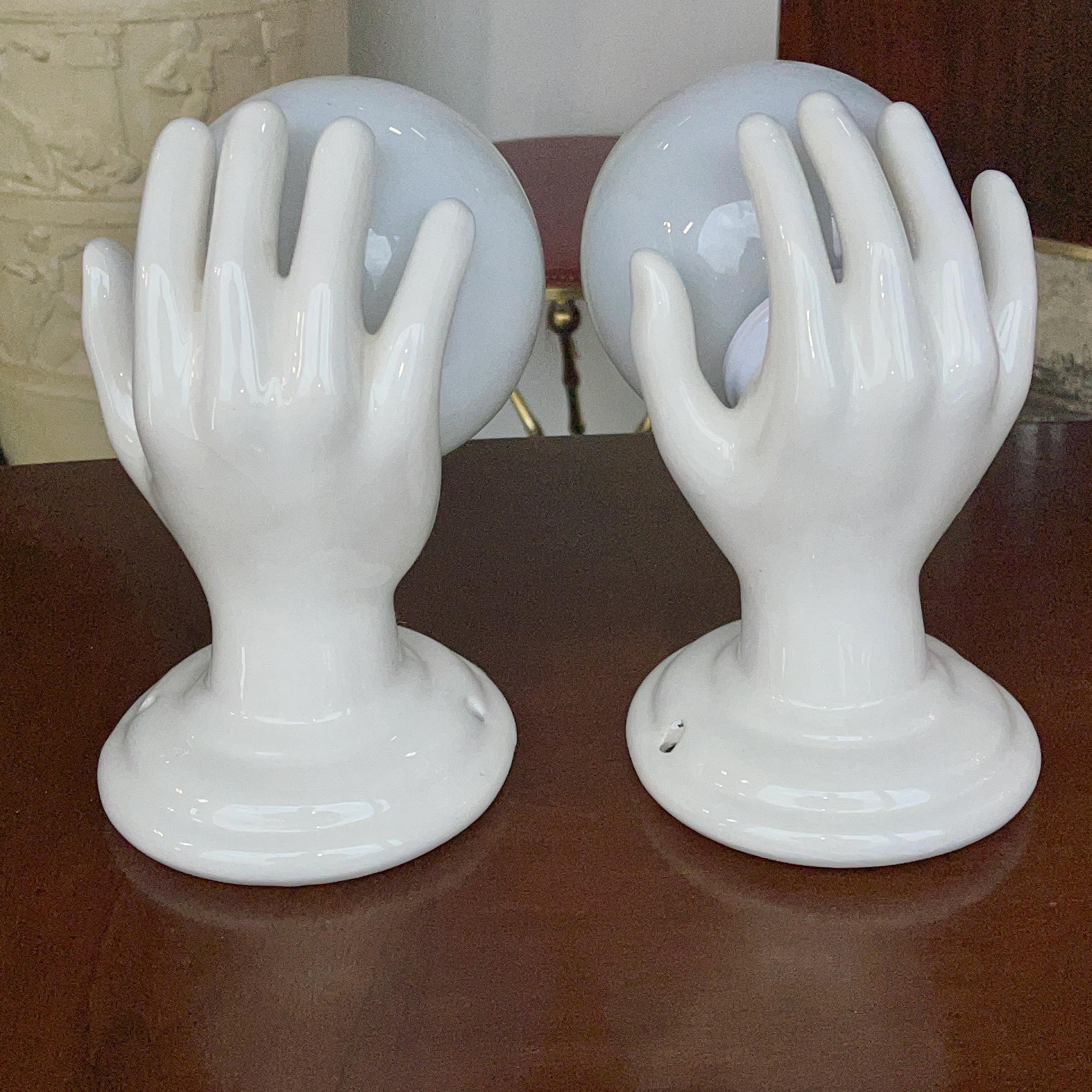 Pair of Italian White Ceramic Hand Sconces In Good Condition For Sale In Hanover, MA