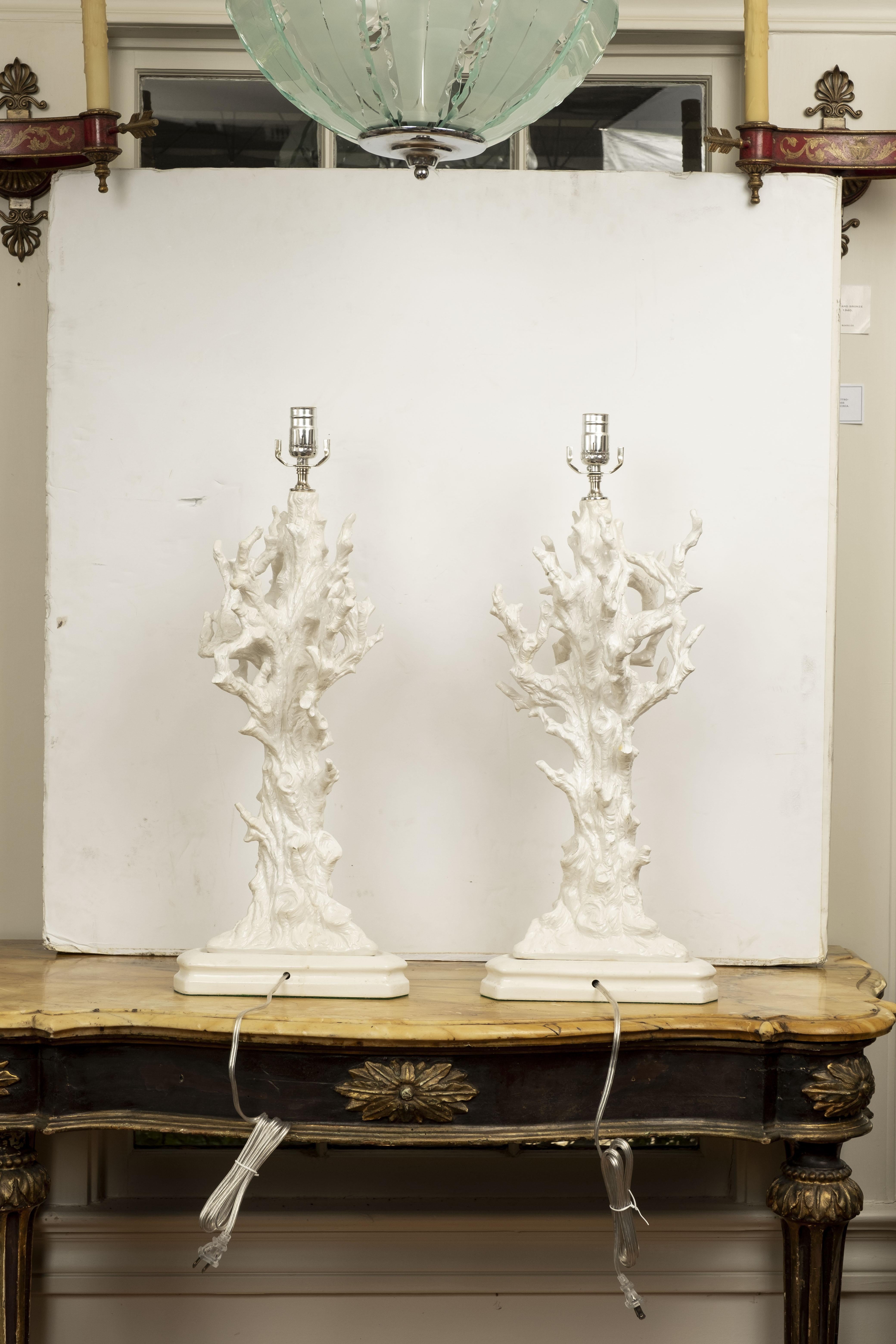 Organic Modern Pair of Italian White Glazed Porcelain Faux Coral Lamps For Sale