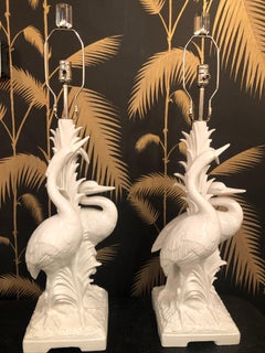 Pair of Italian White Heron Bird Table Lamps, Vintage Palm Beach Tropical Chrome