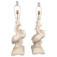 Pair of Italian White Heron Bird Table Lamps, Vintage Palm Beach Tropical Chrome