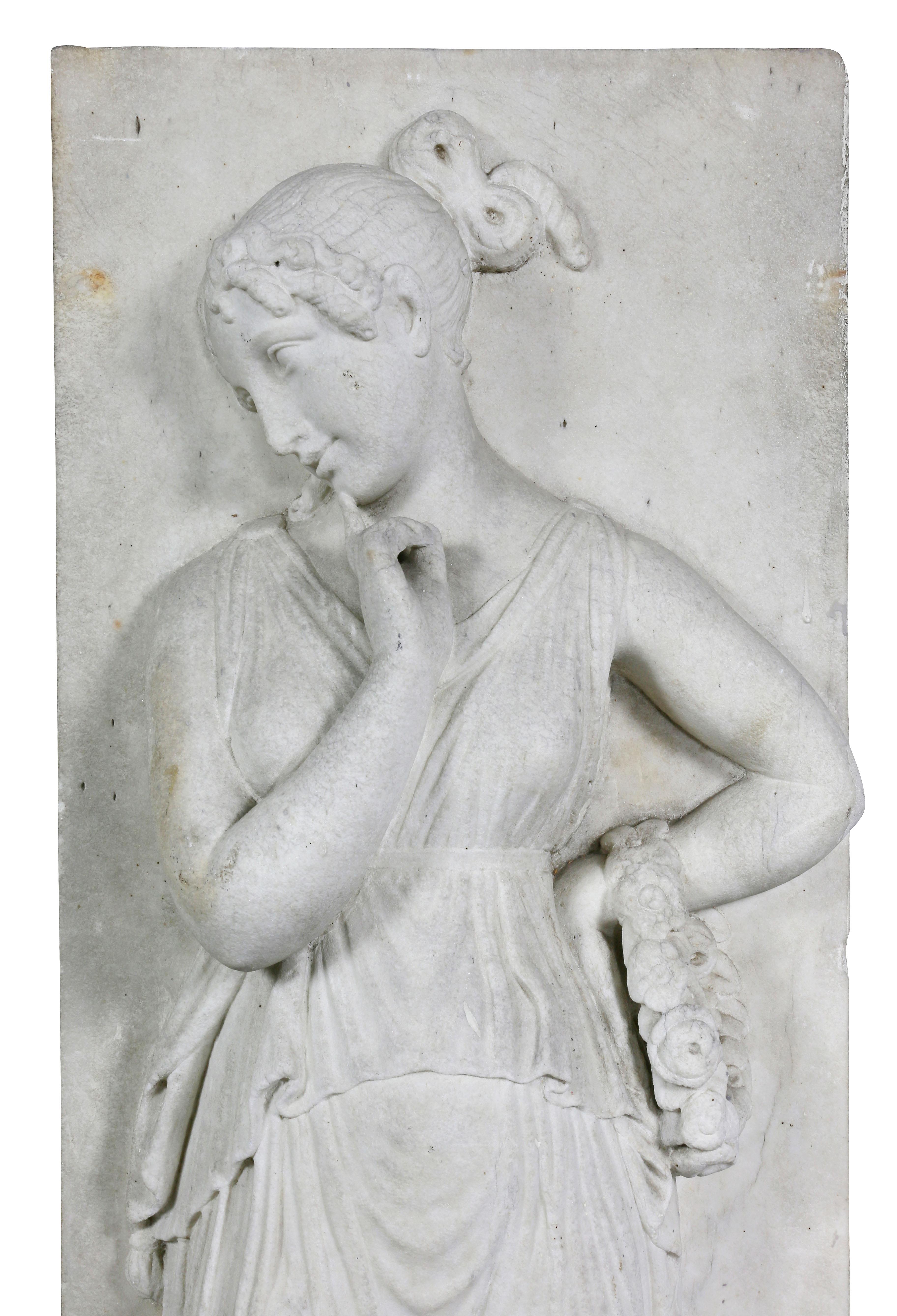 19th Century Pair of Italian White Marble Bas Reliefs of Muses