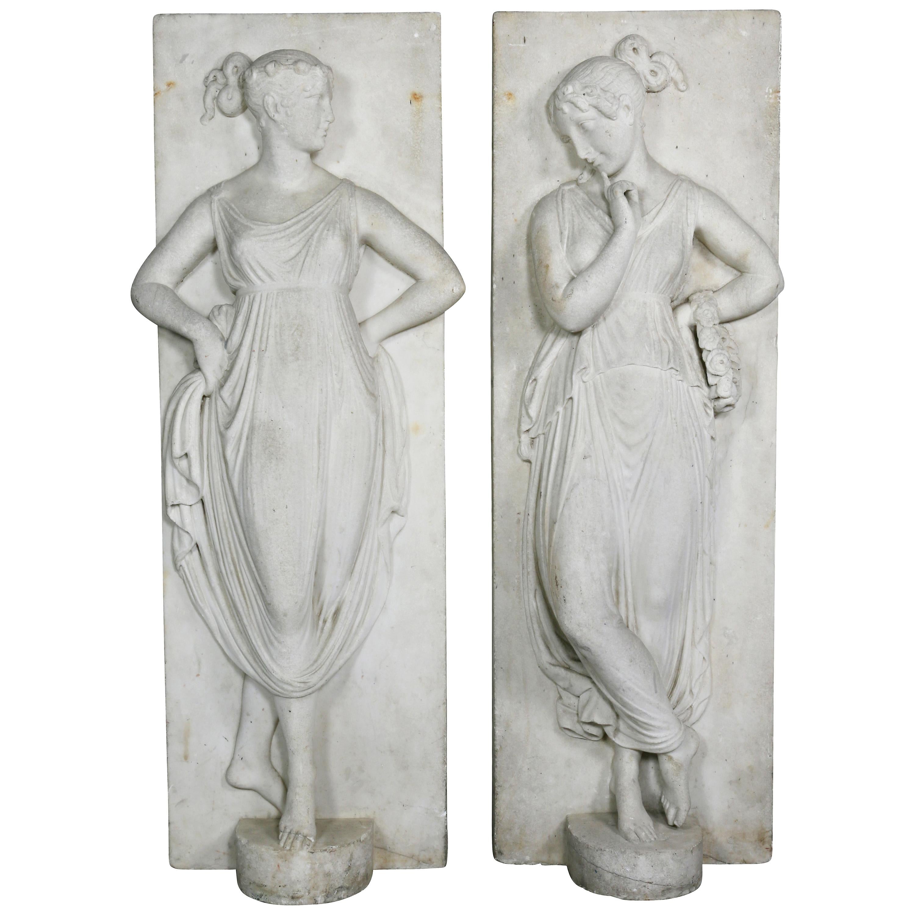 Pair of Italian White Marble Bas Reliefs of Muses