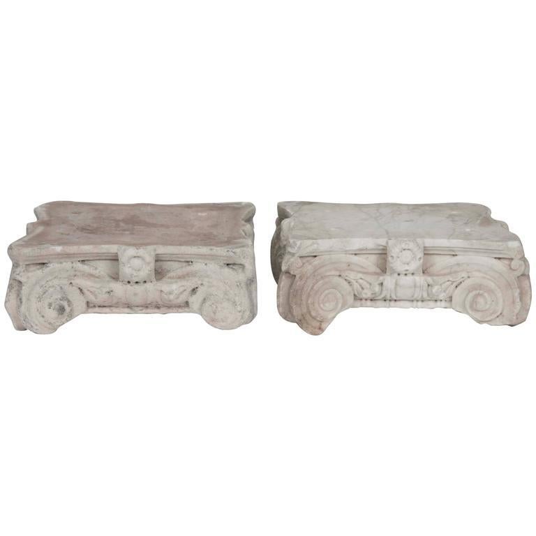 Carved Pair of Italian White Marble Capital Fragments