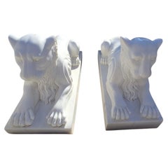 Pair of Italian White Marble Lion Sculptures, Second Half of the 20th Century