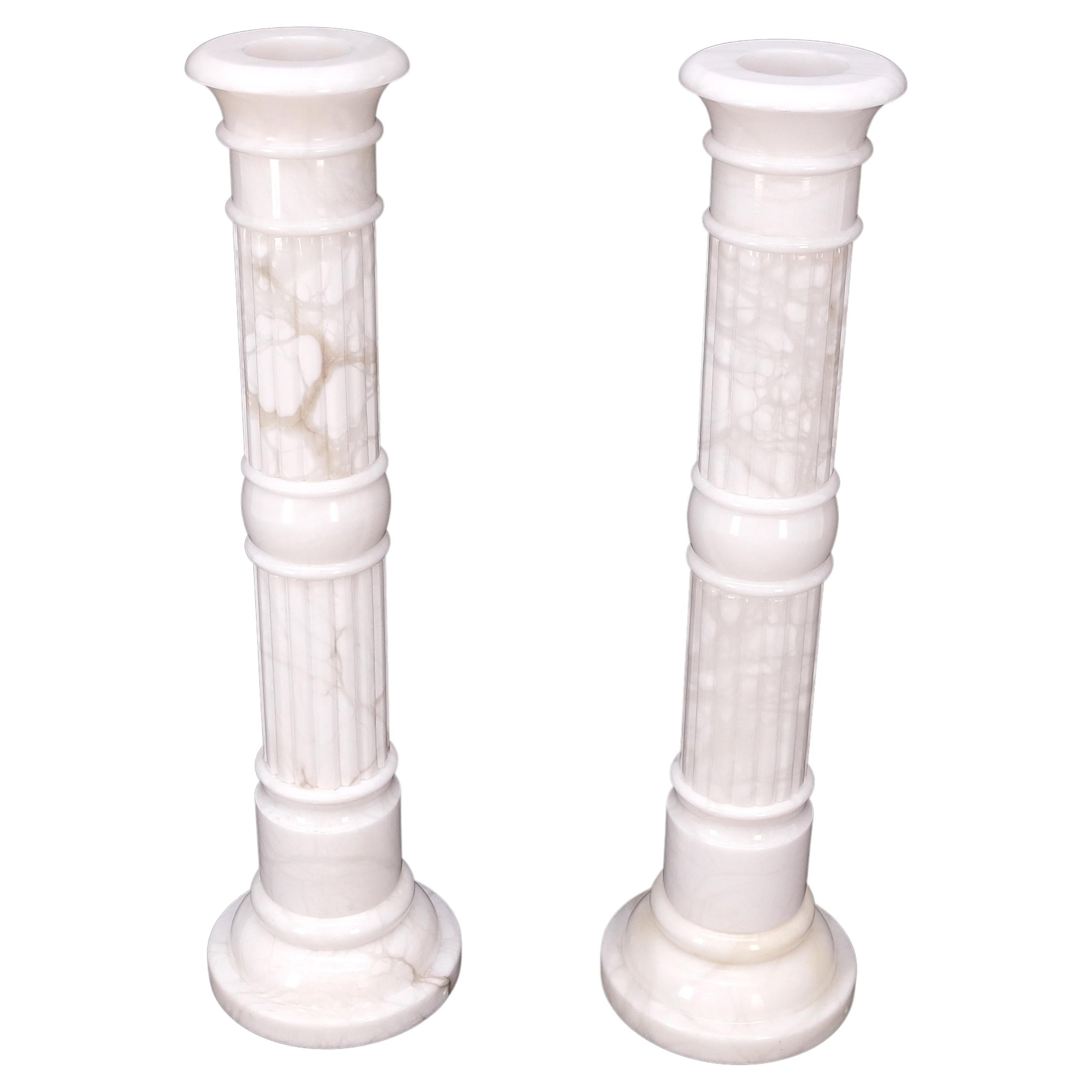 Pair of Italian White Turned Marble Pedestals Columns Stands Mint For Sale