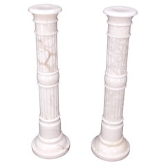 Pair of Italian White Turned Marble Pedestals Columns Stands Mint