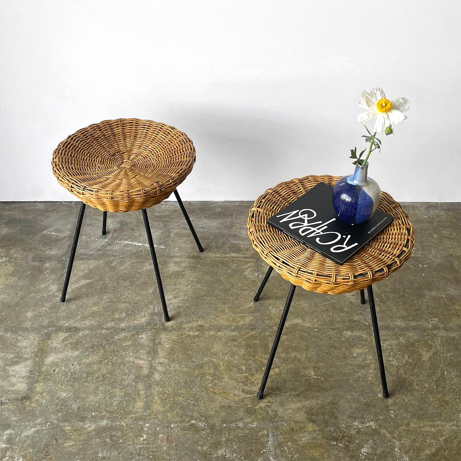 Pair of Italian wicker and iron stools
Italy, circa 1950’s
Curved wicker seat sits on top of thin iron splayed legs
Delicate yet sturdy
Minor wicker imperfections
Natural color variations
Patina from age and use
Priced and sold as a pair.