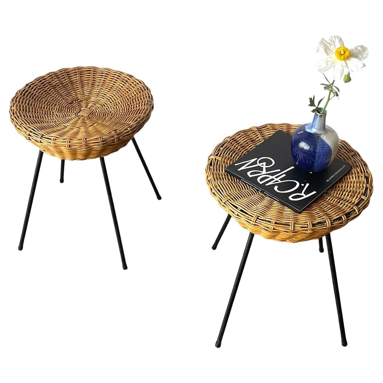 Pair of Italian Wicker and Iron Stools For Sale