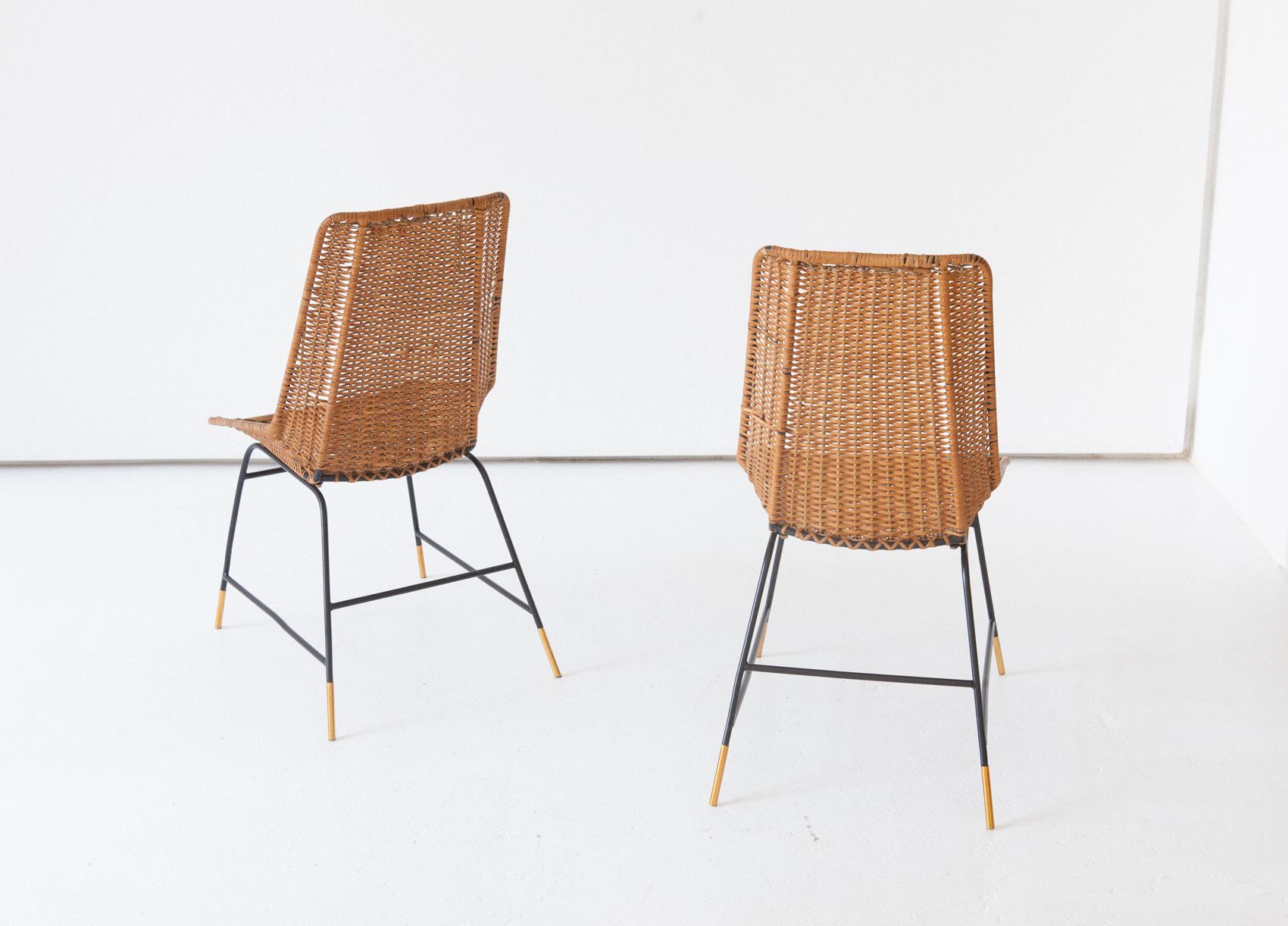 Pair of Italian Wicker Brass and Black Enameled Iron Chairs, 1950s 4