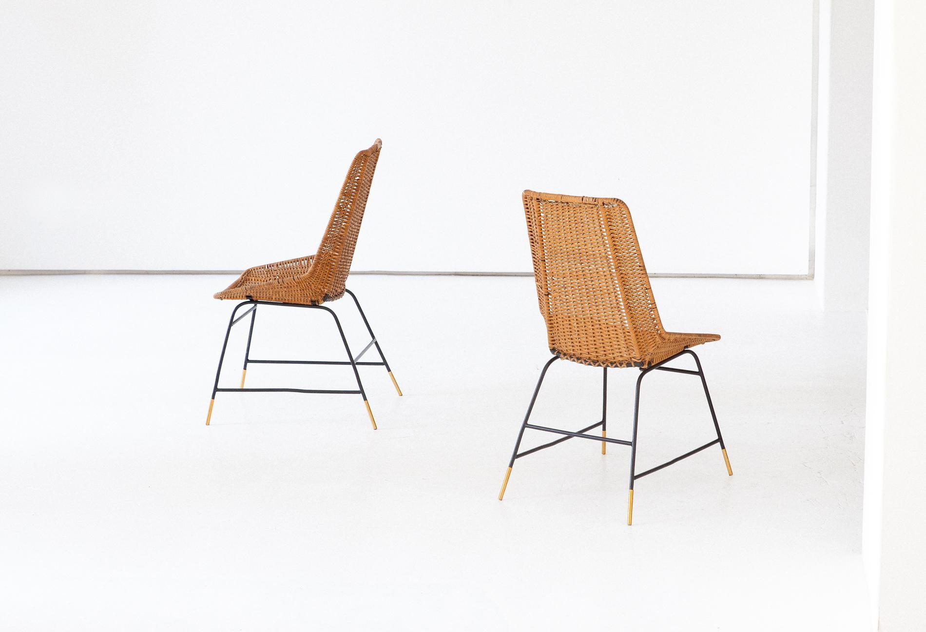 Mid-Century Modern Pair of Italian Wicker Brass and Black Enameled Iron Chairs, 1950s