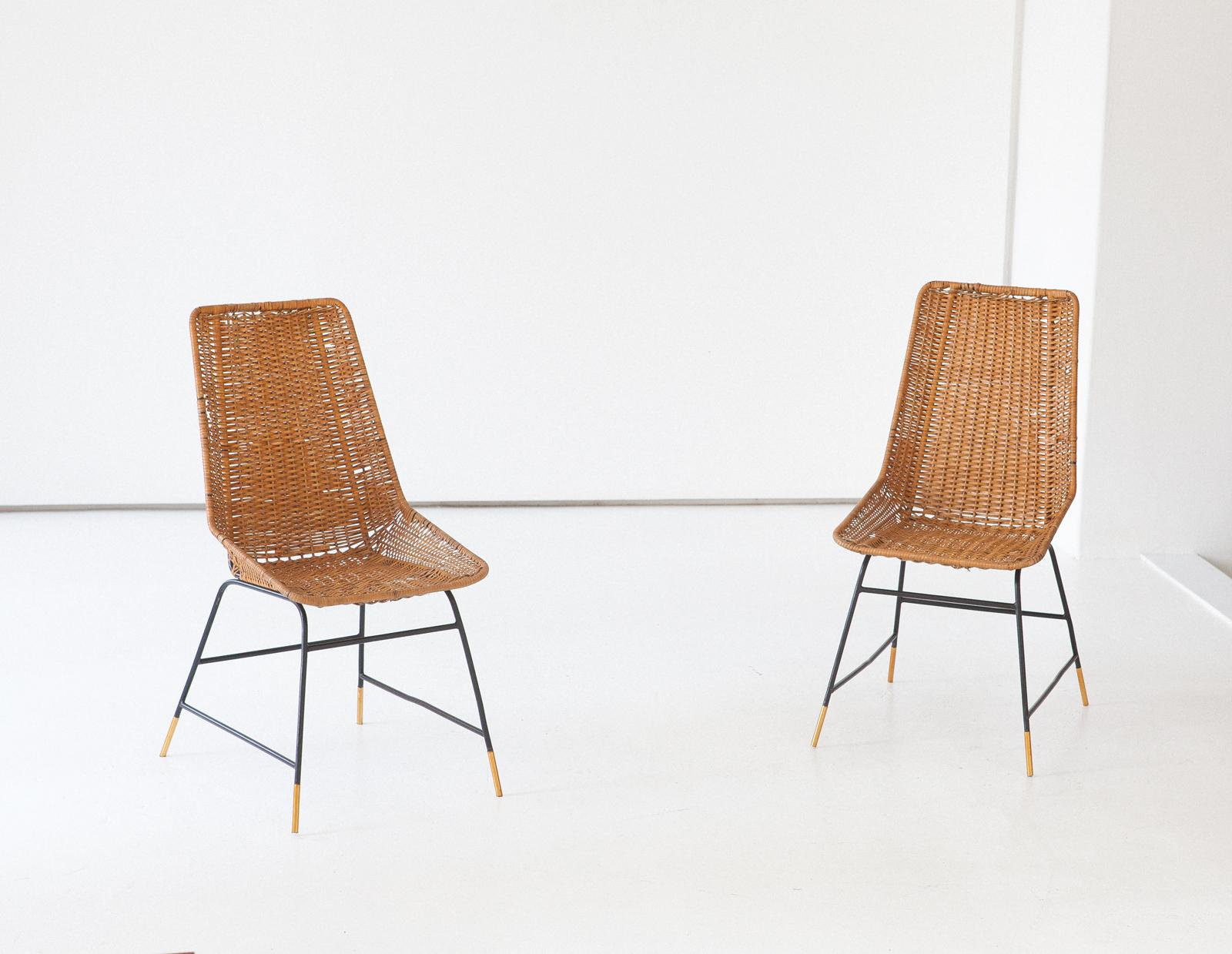 Pair of Italian Wicker Brass and Black Enameled Iron Chairs, 1950s In Good Condition In Rome, IT