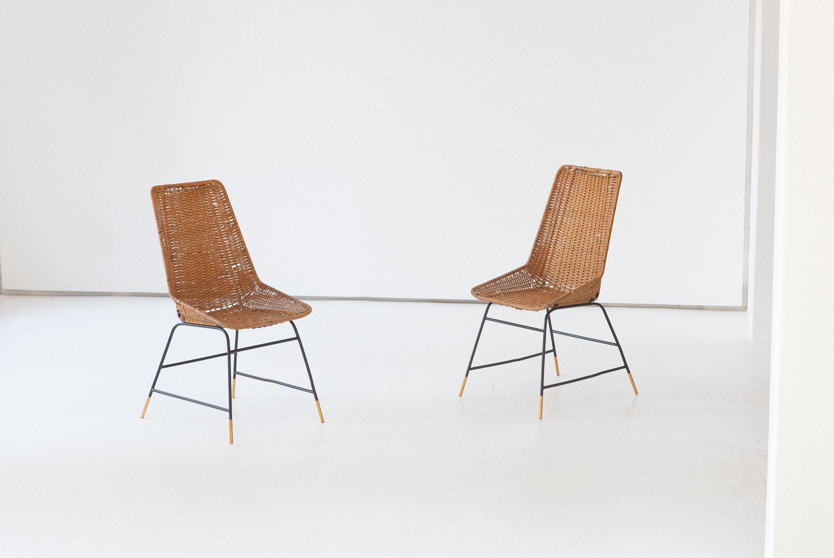 20th Century Pair of Italian Wicker Brass and Black Enameled Iron Chairs, 1950s
