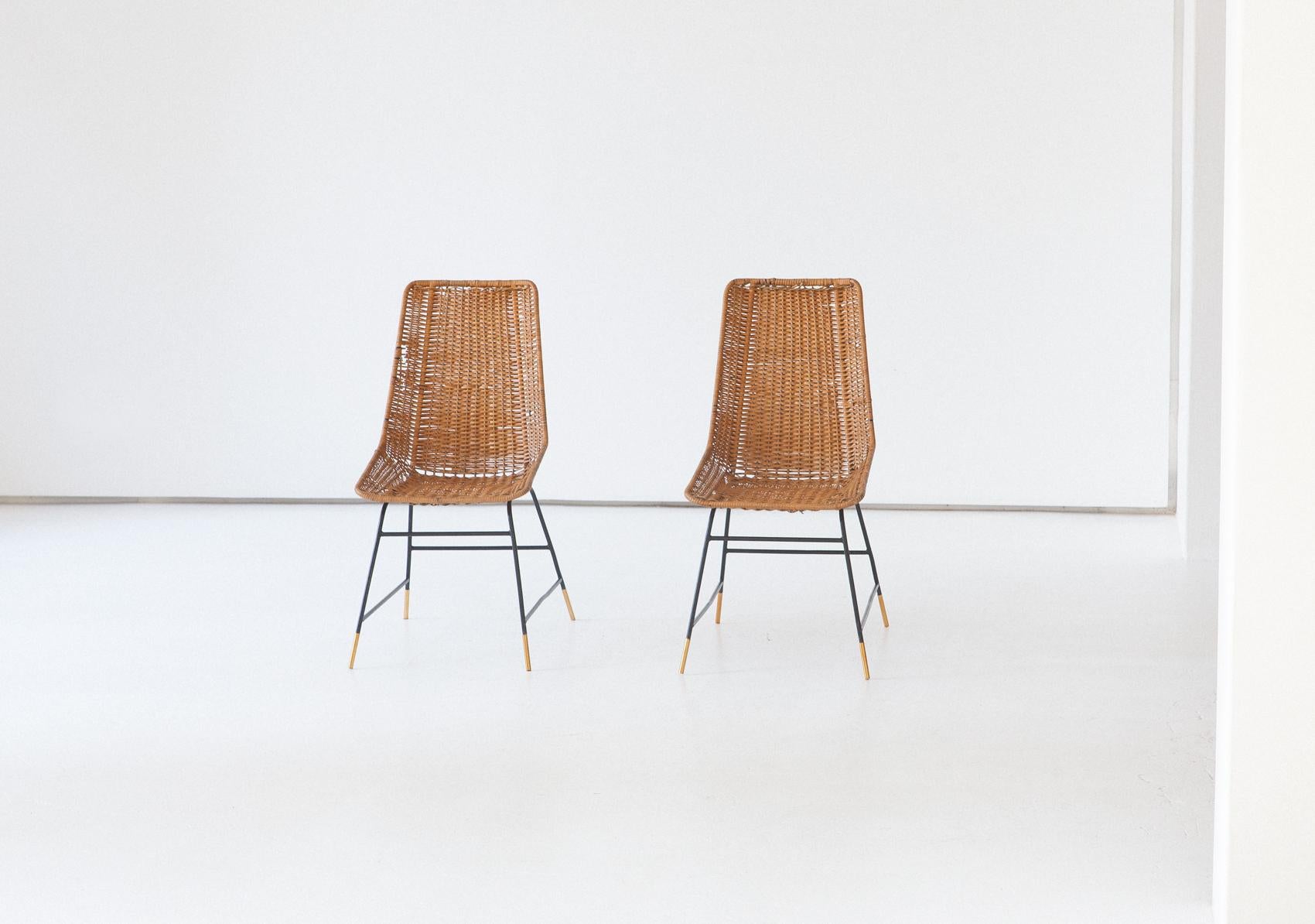 Pair of Italian Wicker Brass and Black Enameled Iron Chairs, 1950s 1