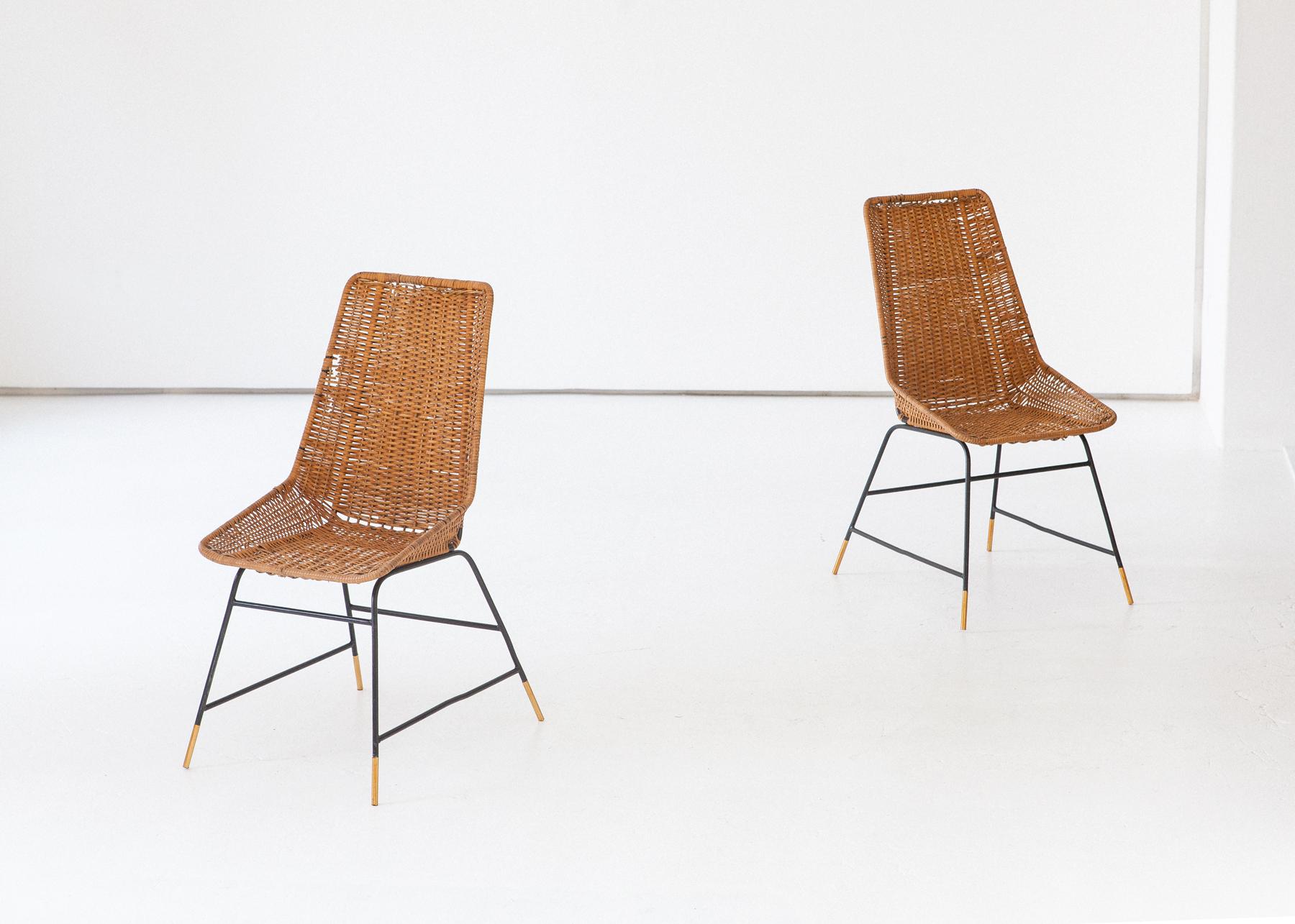 Pair of Italian Wicker Brass and Black Enameled Iron Chairs, 1950s 2