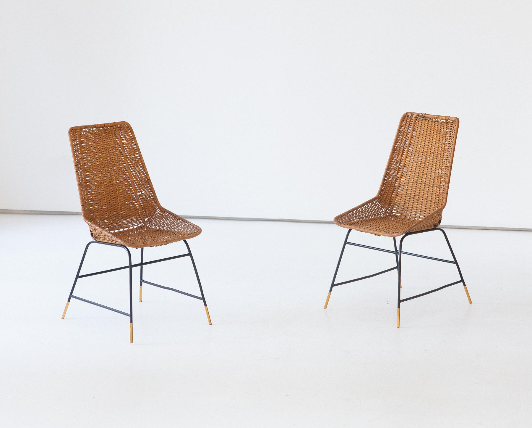 Pair of Italian Wicker Brass and Black Enameled Iron Chairs, 1950s 3