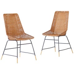 Pair of Italian Wicker Brass and Black Enameled Iron Chairs, 1950s