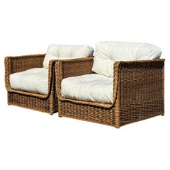 Pair of Italian Wicker & Rattan Lounge Armchairs