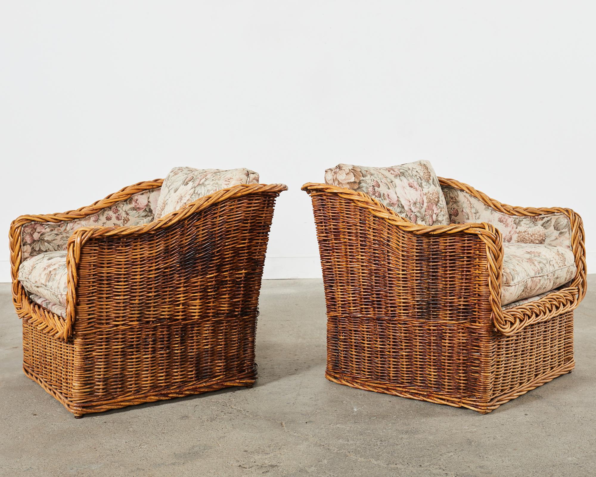Pair of Italian Wicker Works Rattan Lounge Chairs & Ottoman  For Sale 5