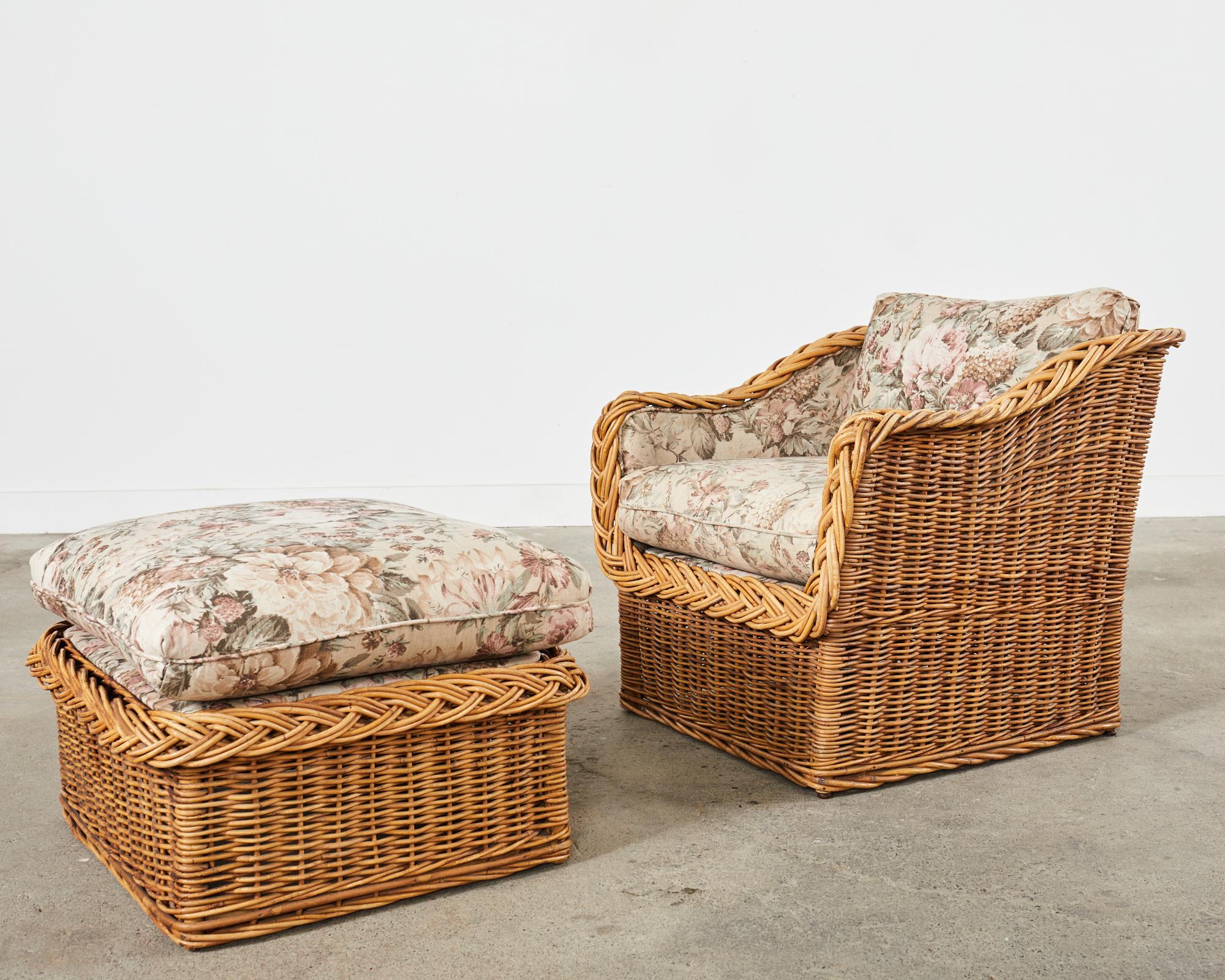 Pair of Italian Wicker Works Rattan Lounge Chairs & Ottoman  For Sale 8