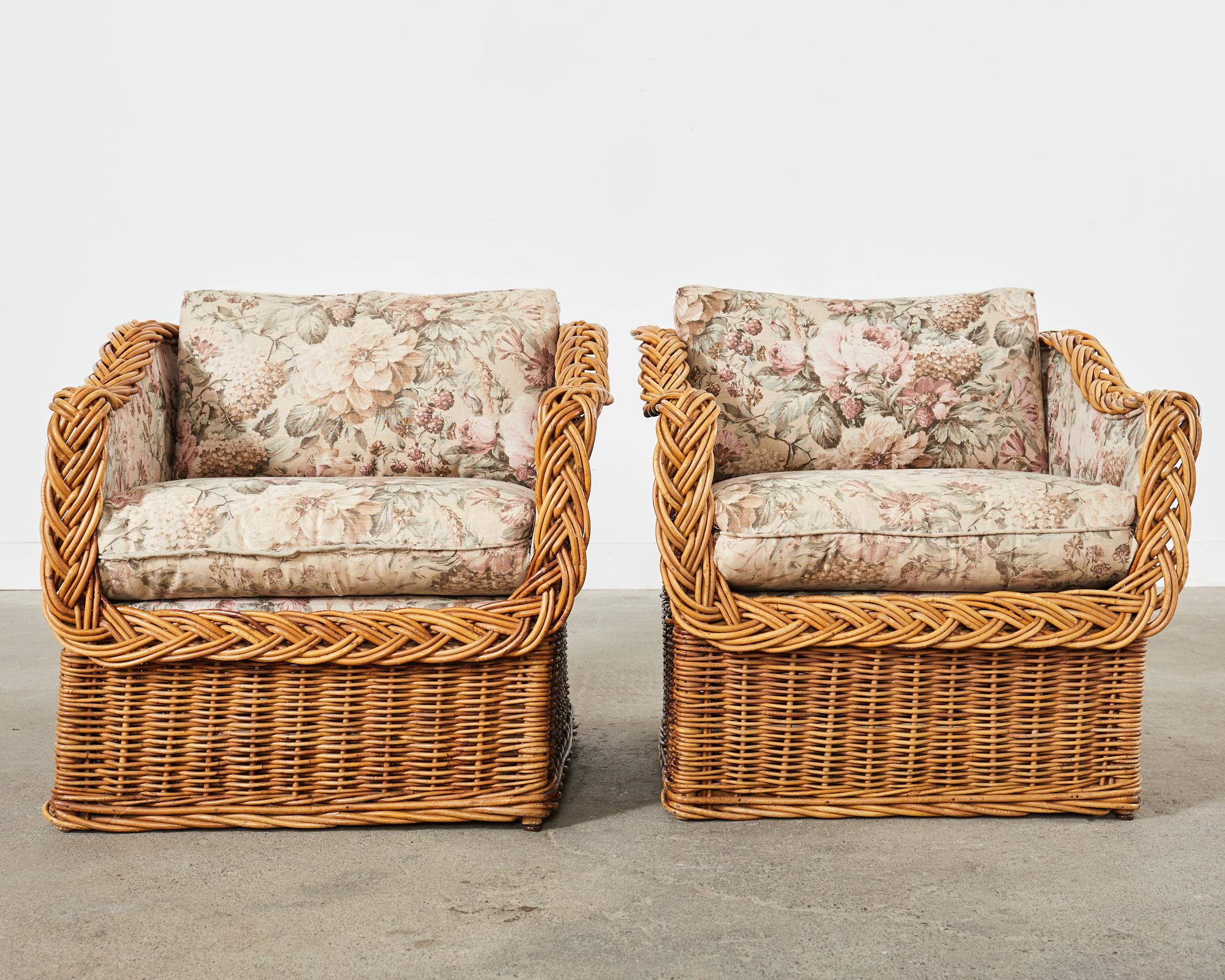 Hand-Crafted Pair of Italian Wicker Works Rattan Lounge Chairs & Ottoman  For Sale