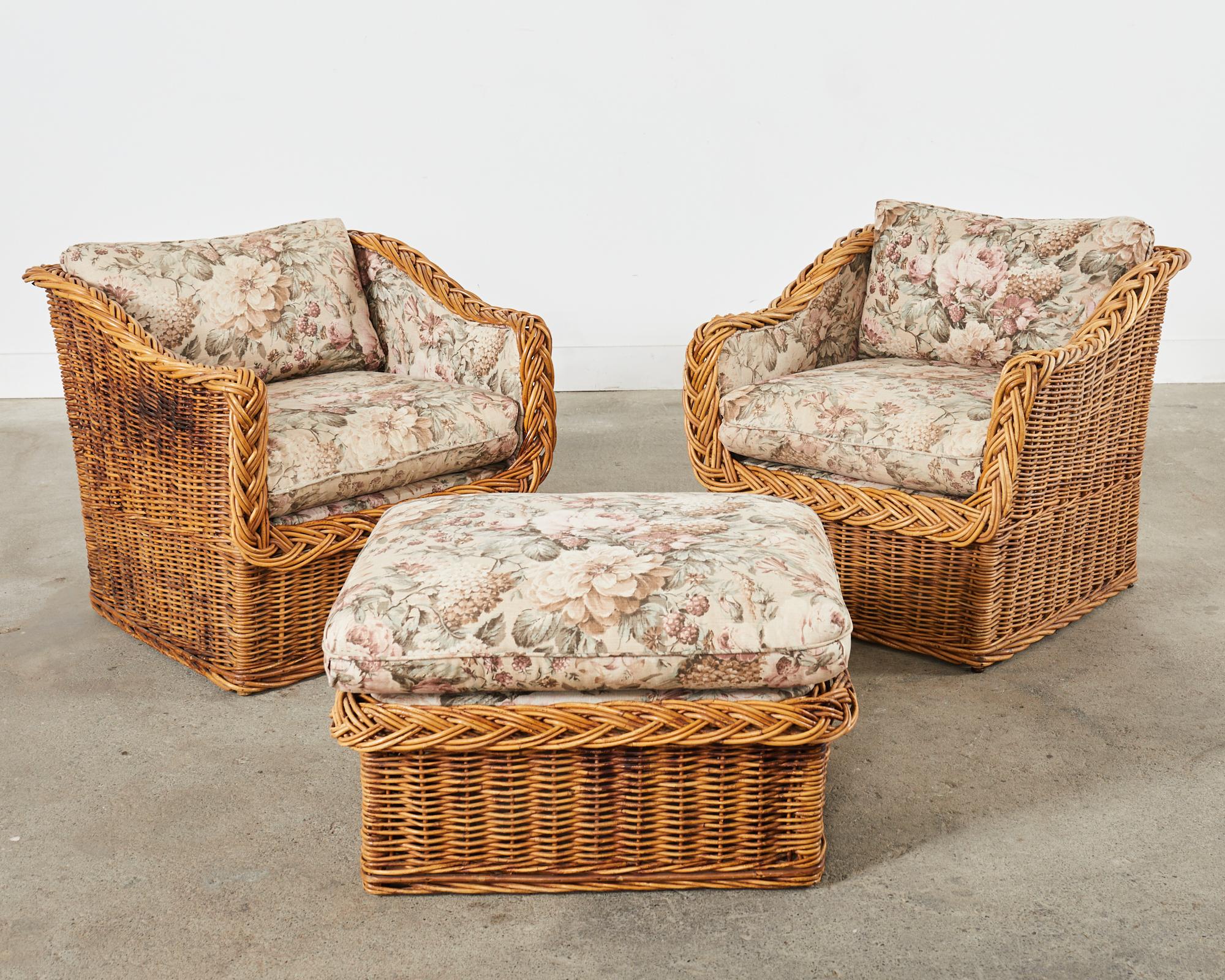 Pair of Italian Wicker Works Rattan Lounge Chairs & Ottoman  In Good Condition For Sale In Rio Vista, CA