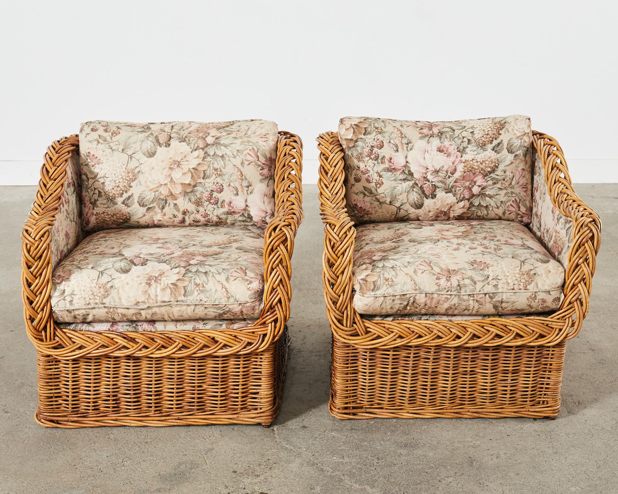 20th Century Pair of Italian Wicker Works Rattan Lounge Chairs & Ottoman  For Sale