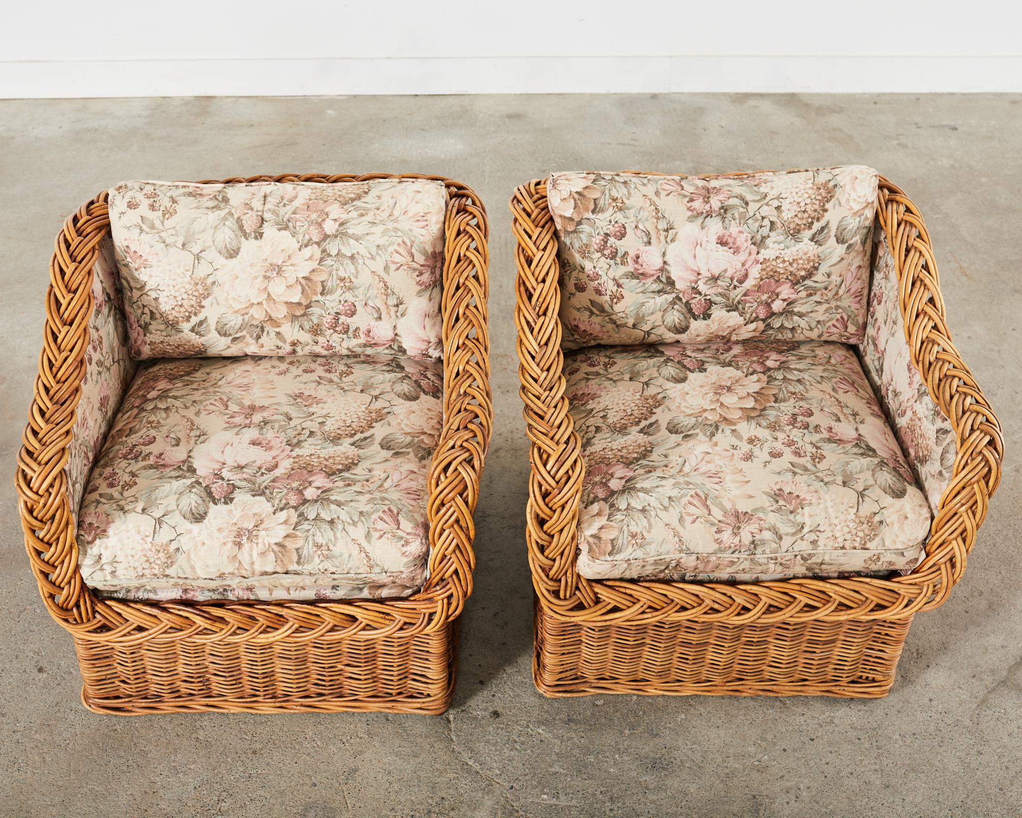 Pair of Italian Wicker Works Rattan Lounge Chairs & Ottoman  For Sale 1