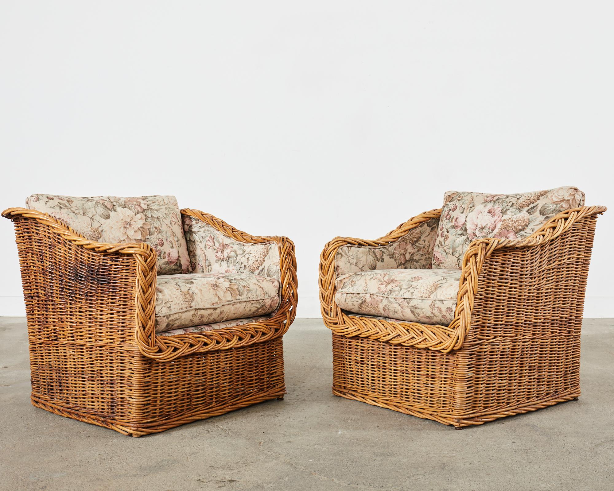 Pair of Italian Wicker Works Rattan Lounge Chairs & Ottoman  For Sale 4