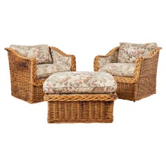 Pair of Italian Wicker Works Rattan Lounge Chairs & Ottoman