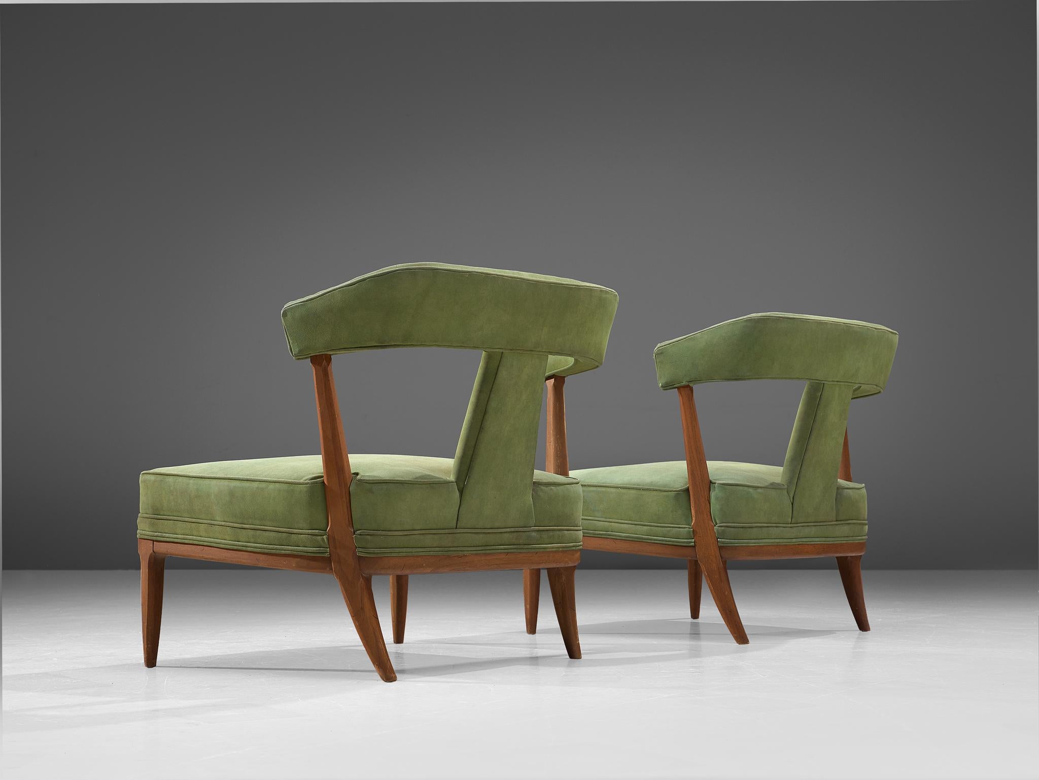 Mid-Century Modern Pair of Italian Wide Seat Easy Chairs in Green Upholstery