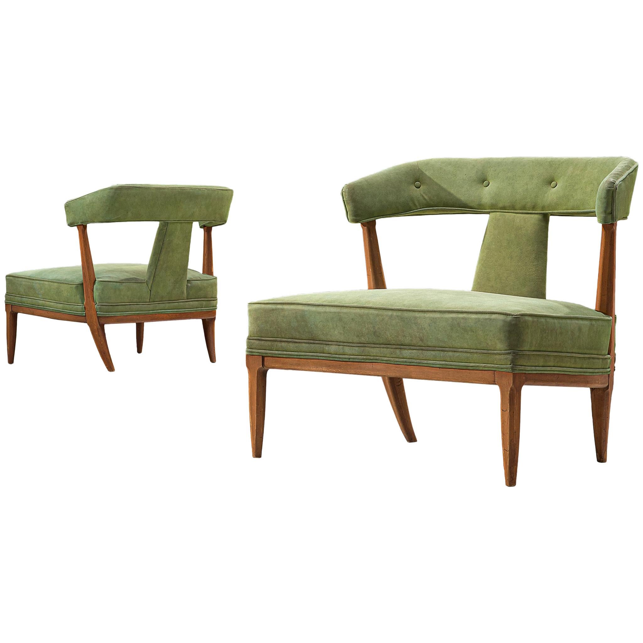 Pair of Italian Wide Seat Easy Chairs in Green Upholstery