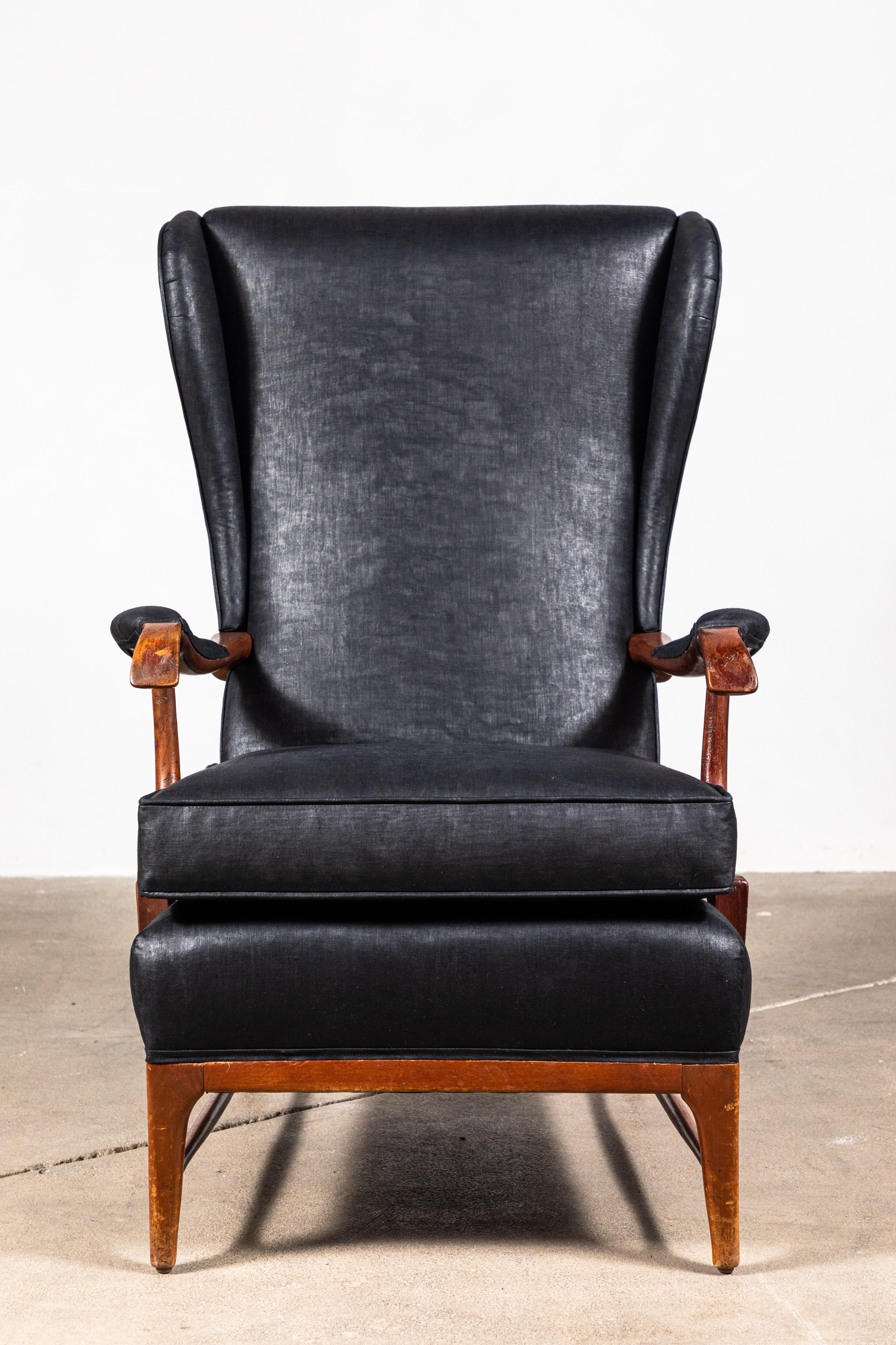 Mid-20th Century Pair of Italian Wingback Chairs in Black Beetled Linen