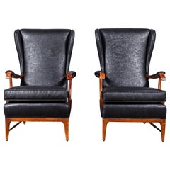 Pair of Italian Wingback Chairs in Black Beetled Linen